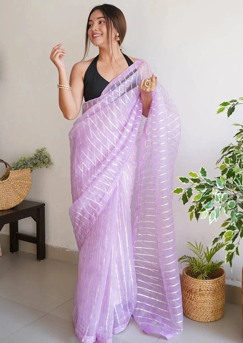 Soft Refined Organza Silk Saree With Silver Gota Work