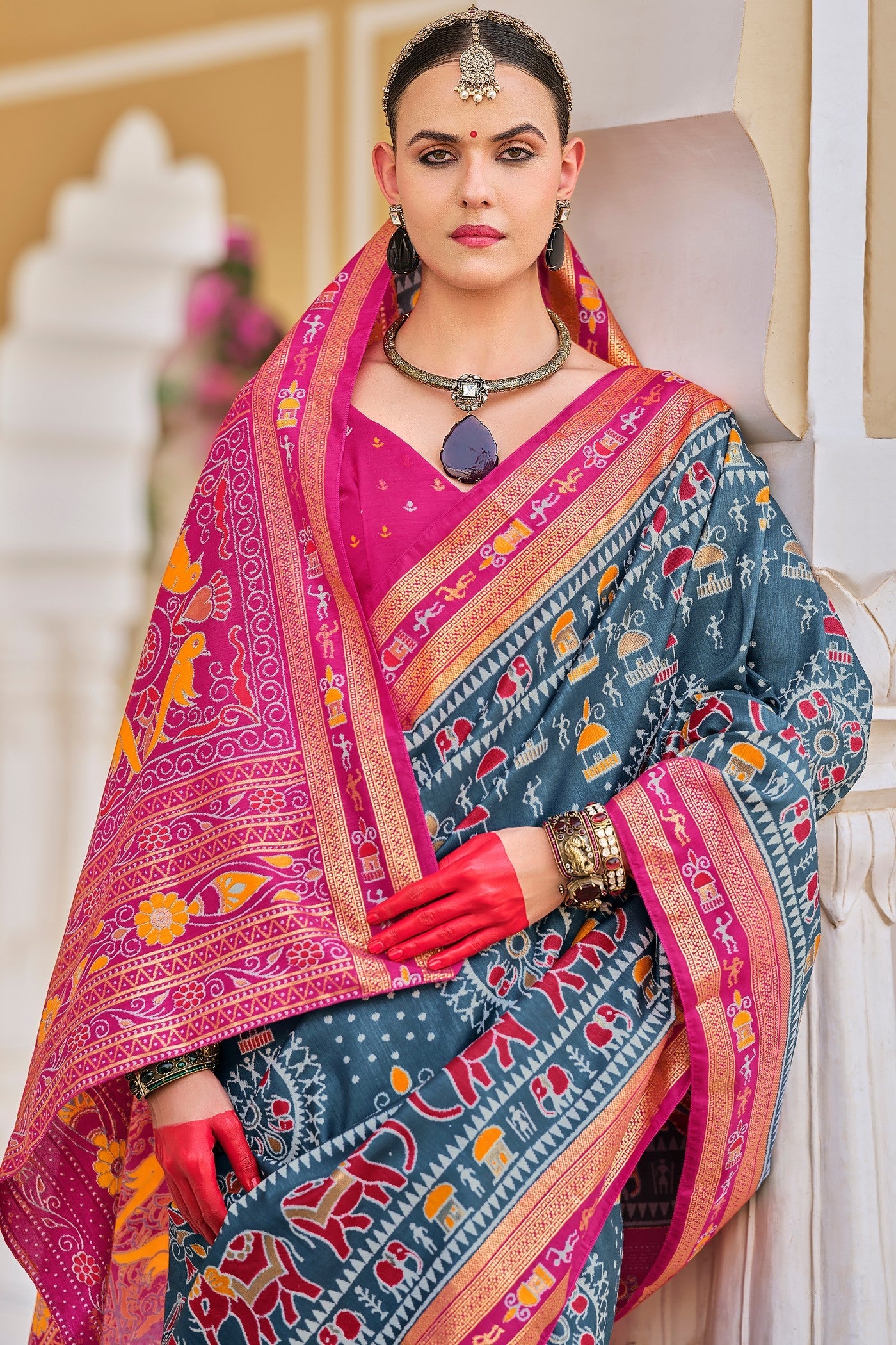 Horizon Blue and Pink Printed Patola Saree