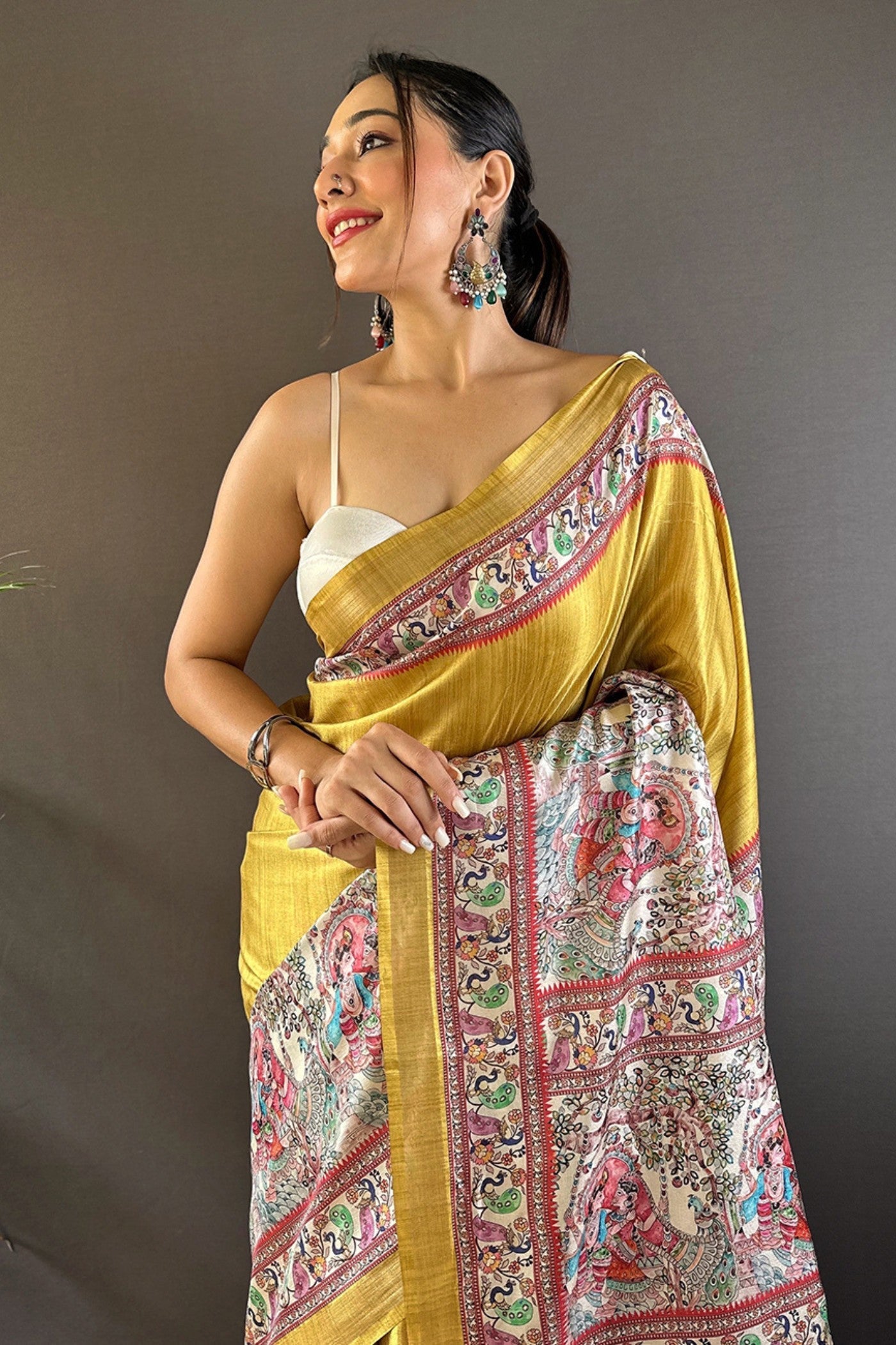 Anzac Yellow Madhubani Printed Tussar Silk Saree