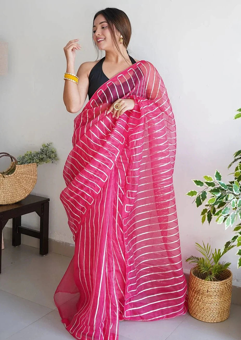 Soft Refined Organza Silk Saree With Silver Gota Work