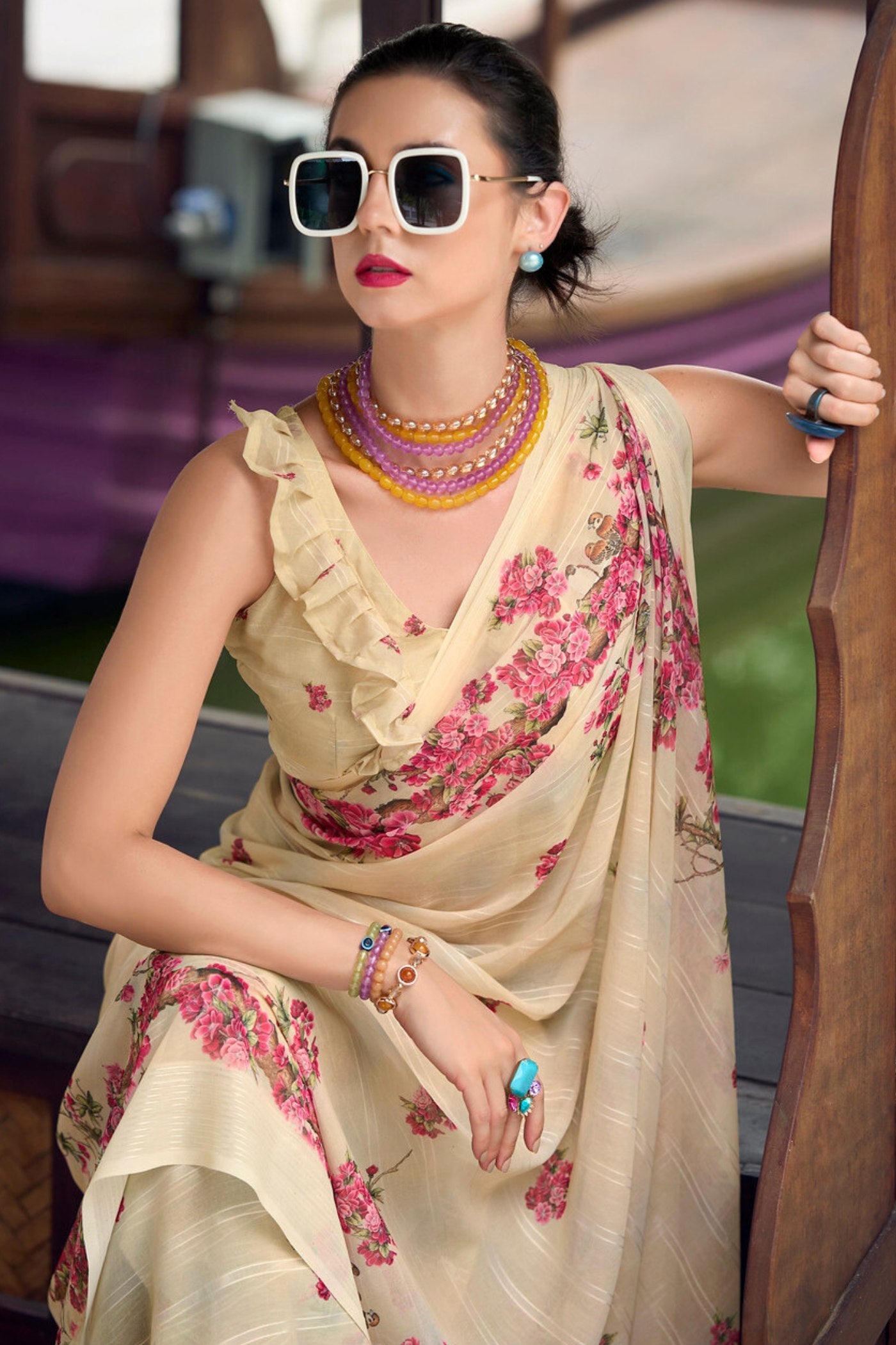 Varden Cream Chiffon Silk Saree