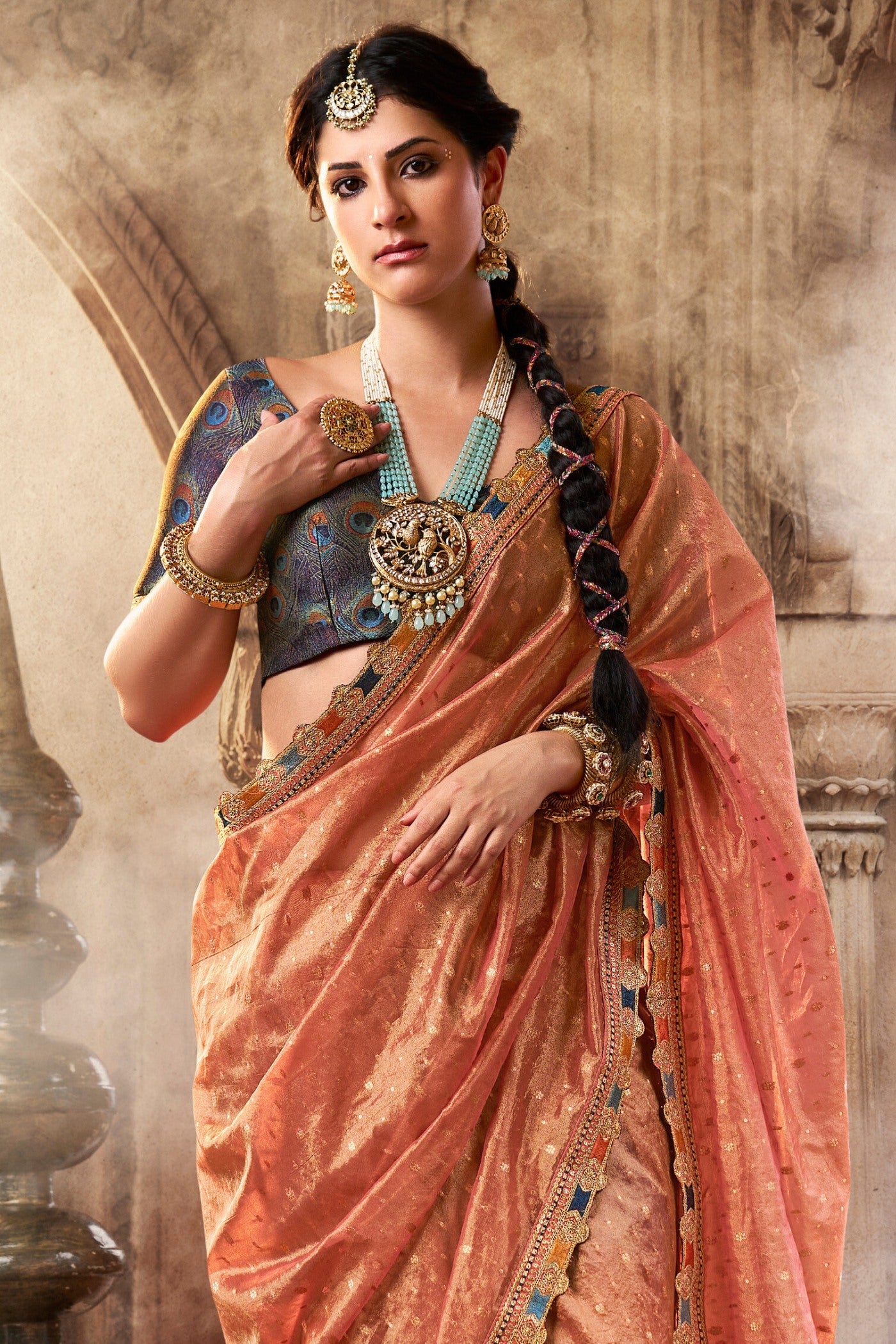 Japonica Peach Tissue Designer Saree