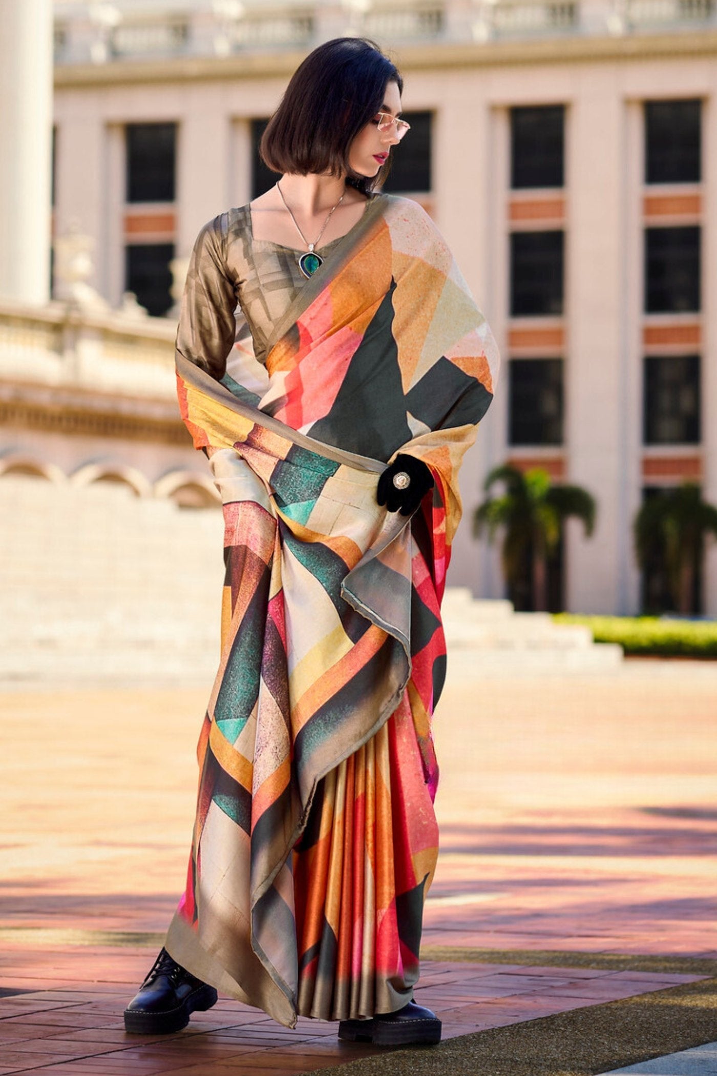 Multicolor Ornage Printed Satin Crepe Silk Saree