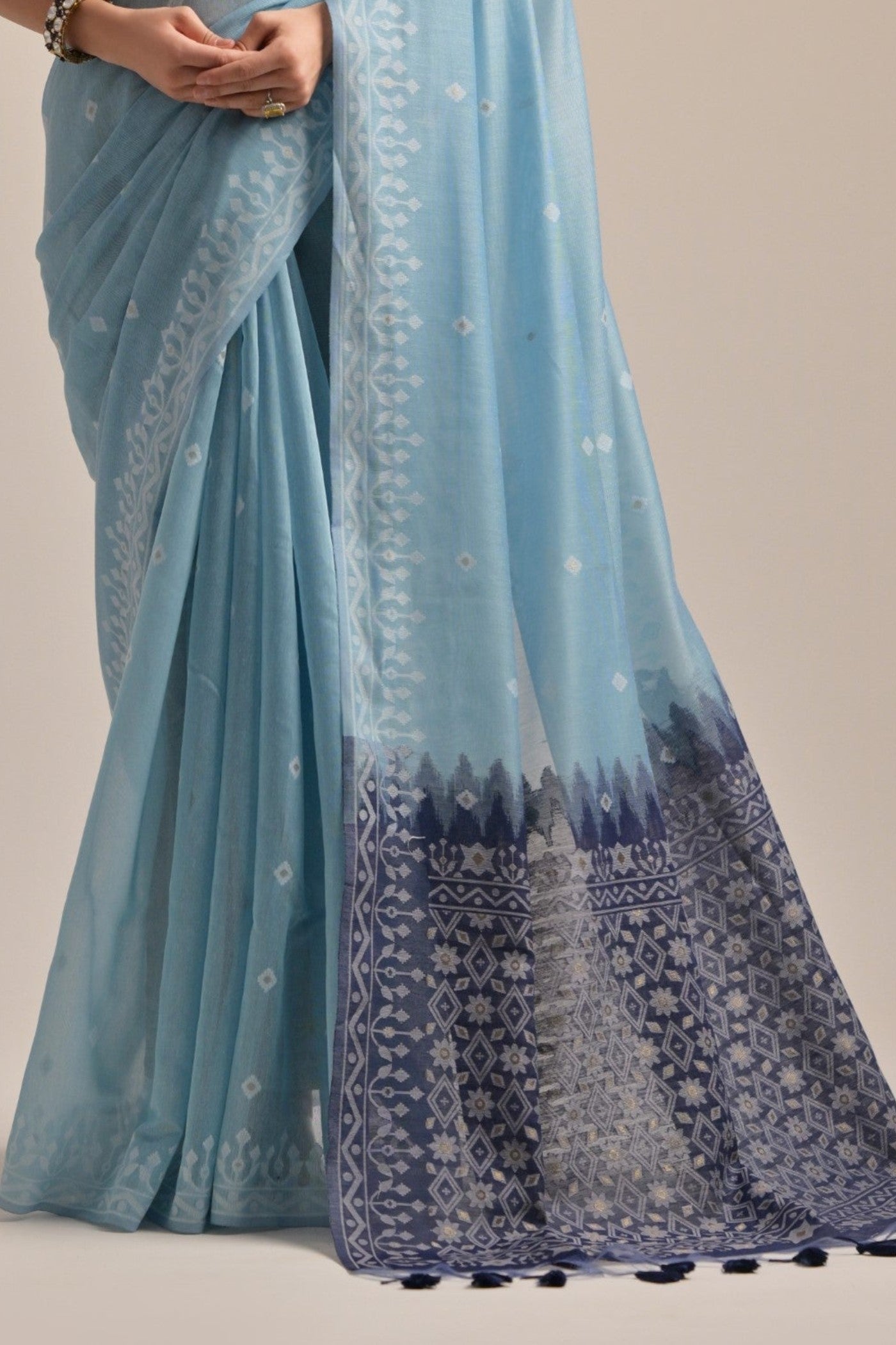 Jungle Mist Blue Lucknowi Woven Muga Cotton Saree