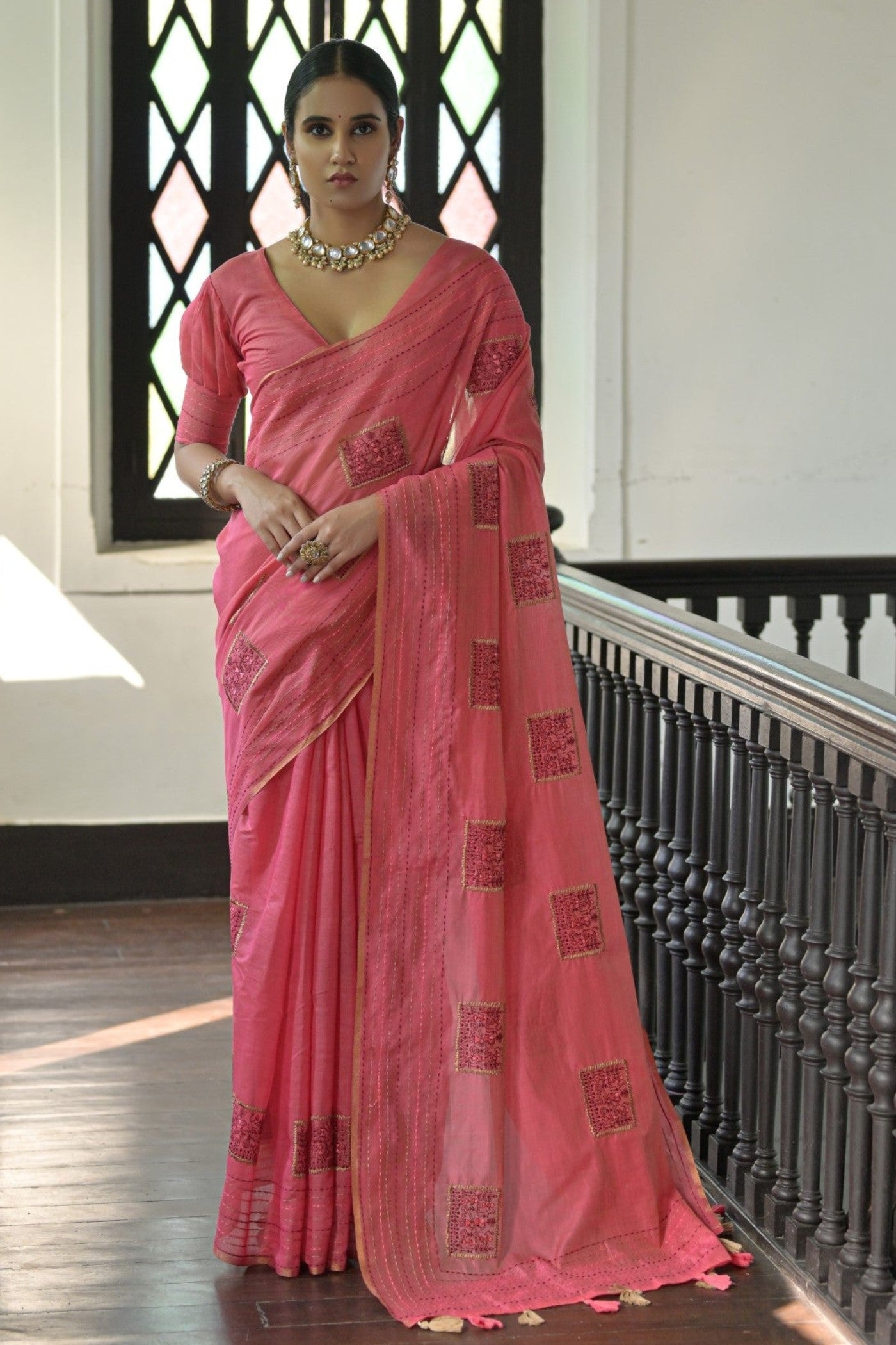 French Rose Pink Linen Soft Silk Saree