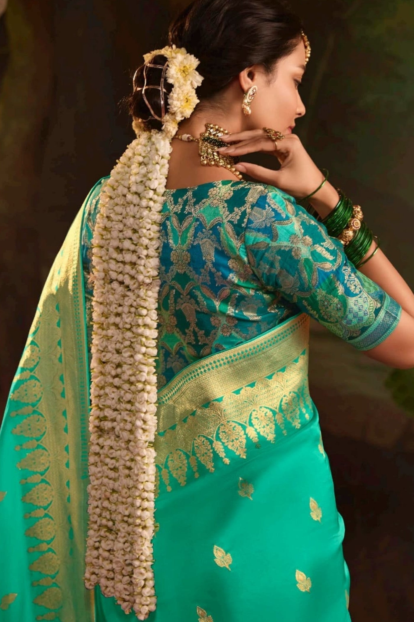 Emerald Green Designer Banarasi Dola Silk Saree