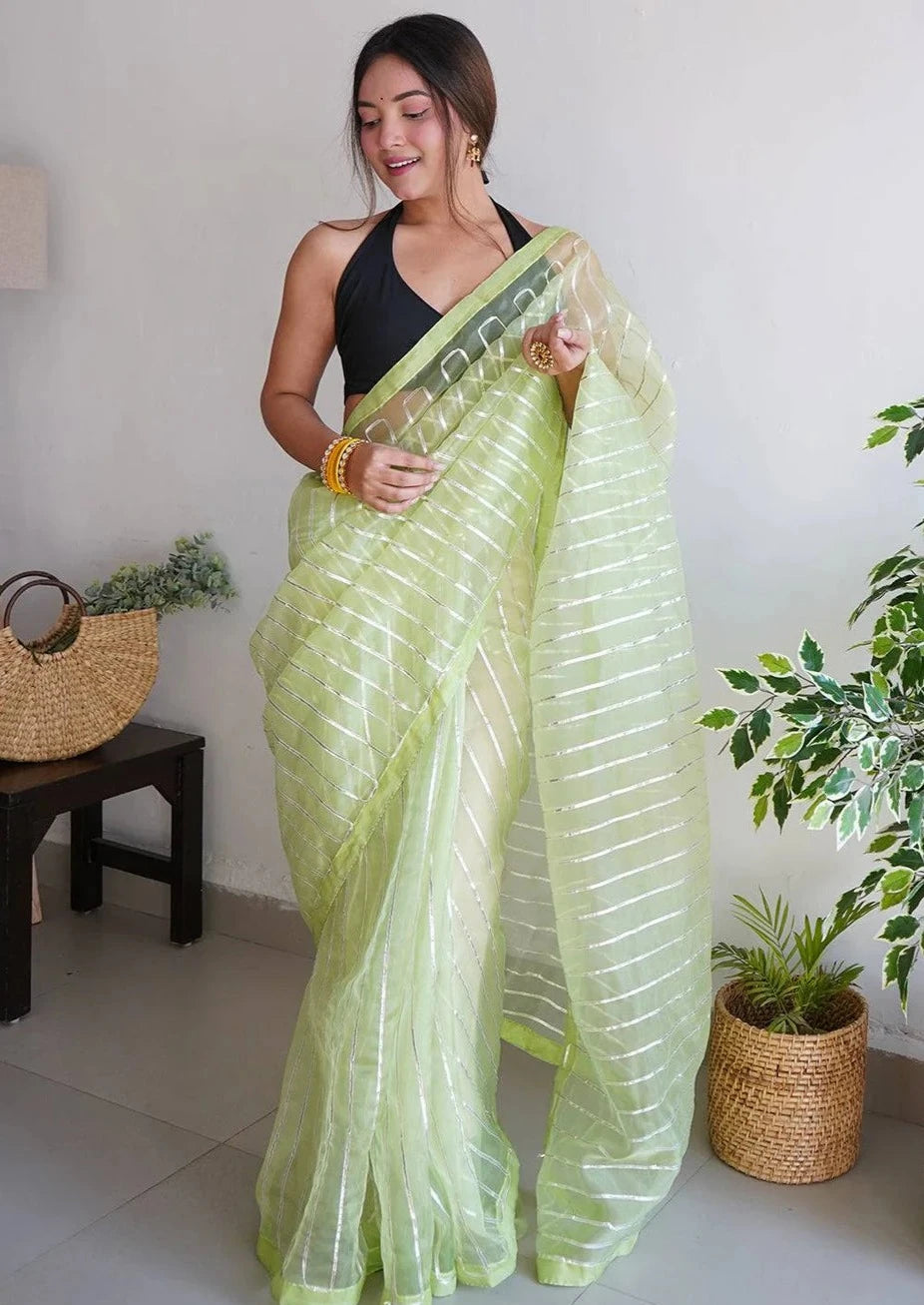 Soft Refined Organza Silk Saree With Silver Gota Work