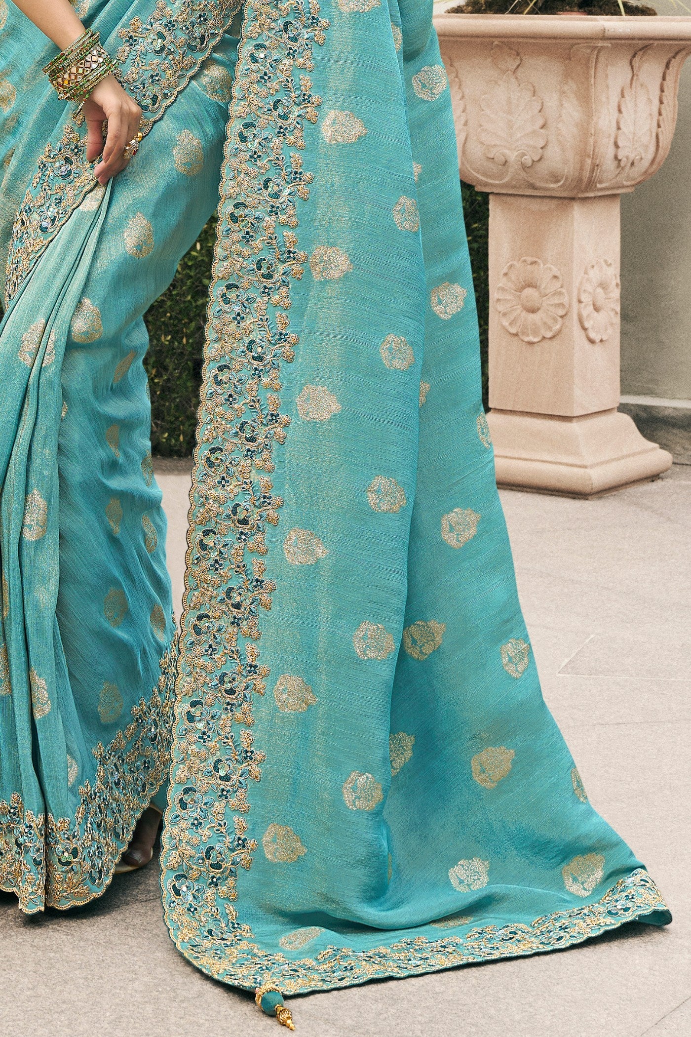 Sky Blue Banarasi Designer Embroidered Saree