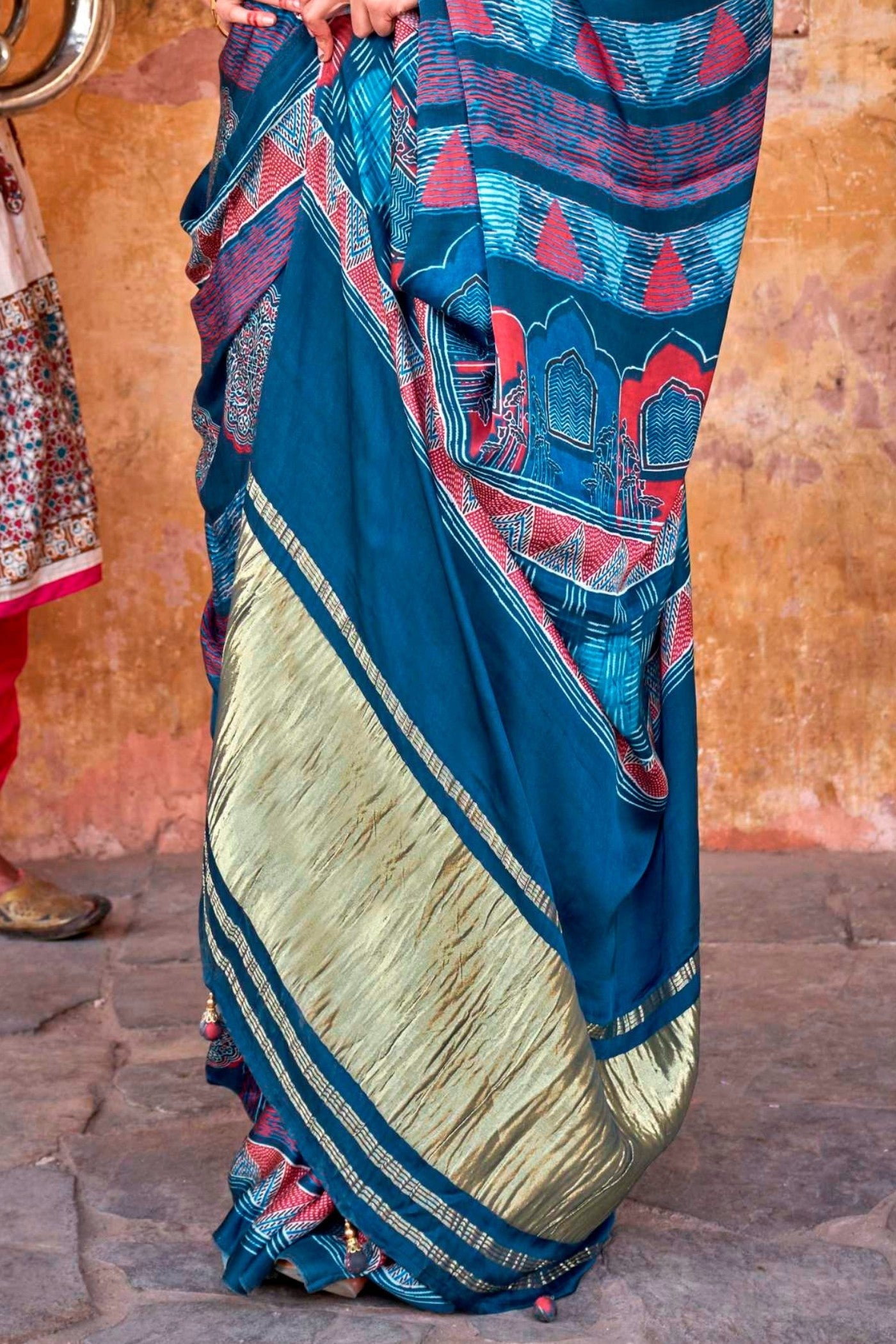 Venice Blue Ajrakh Handprinted Satin Saree