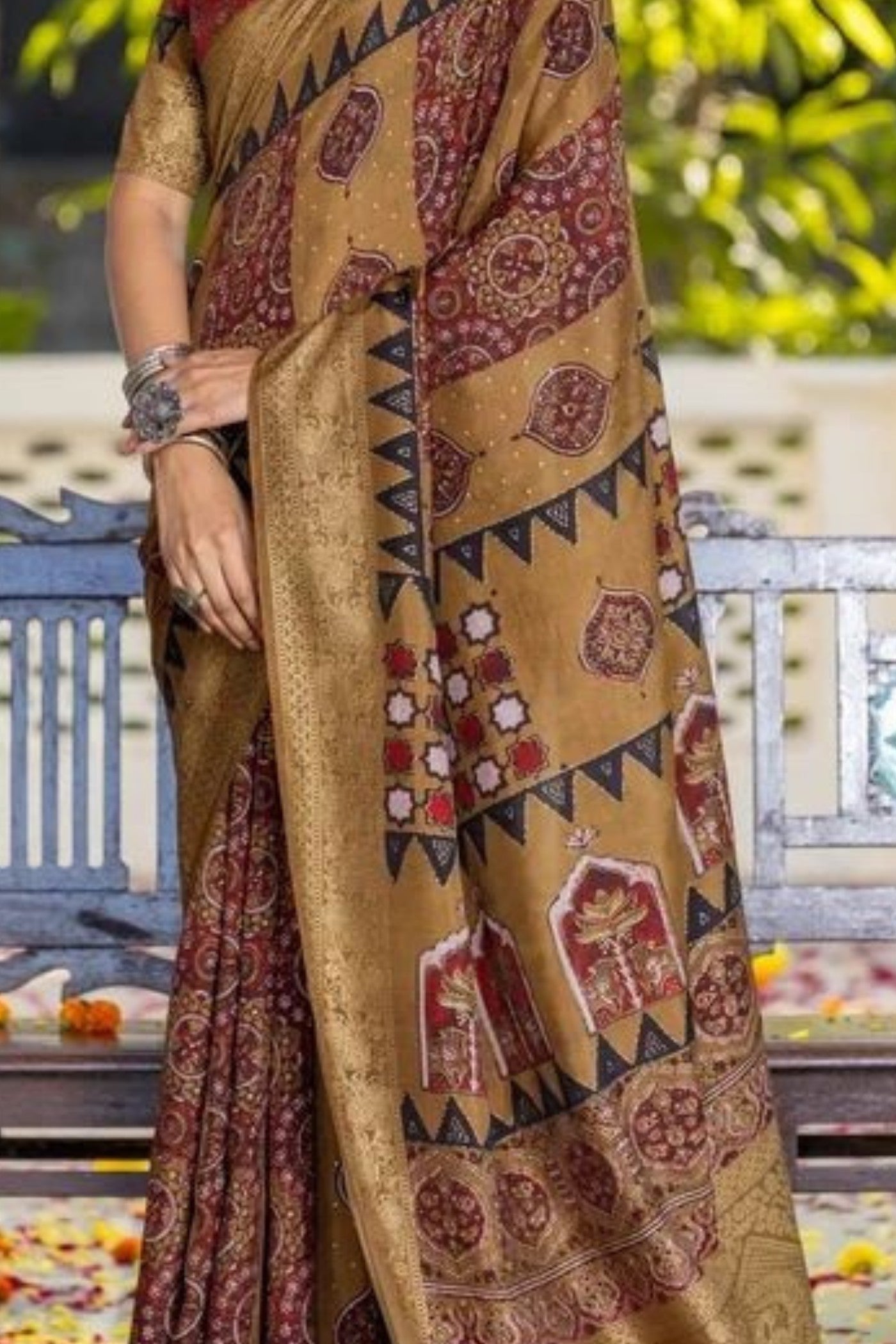 Dusty Brown Ajrakh Digital Printed Satin Saree