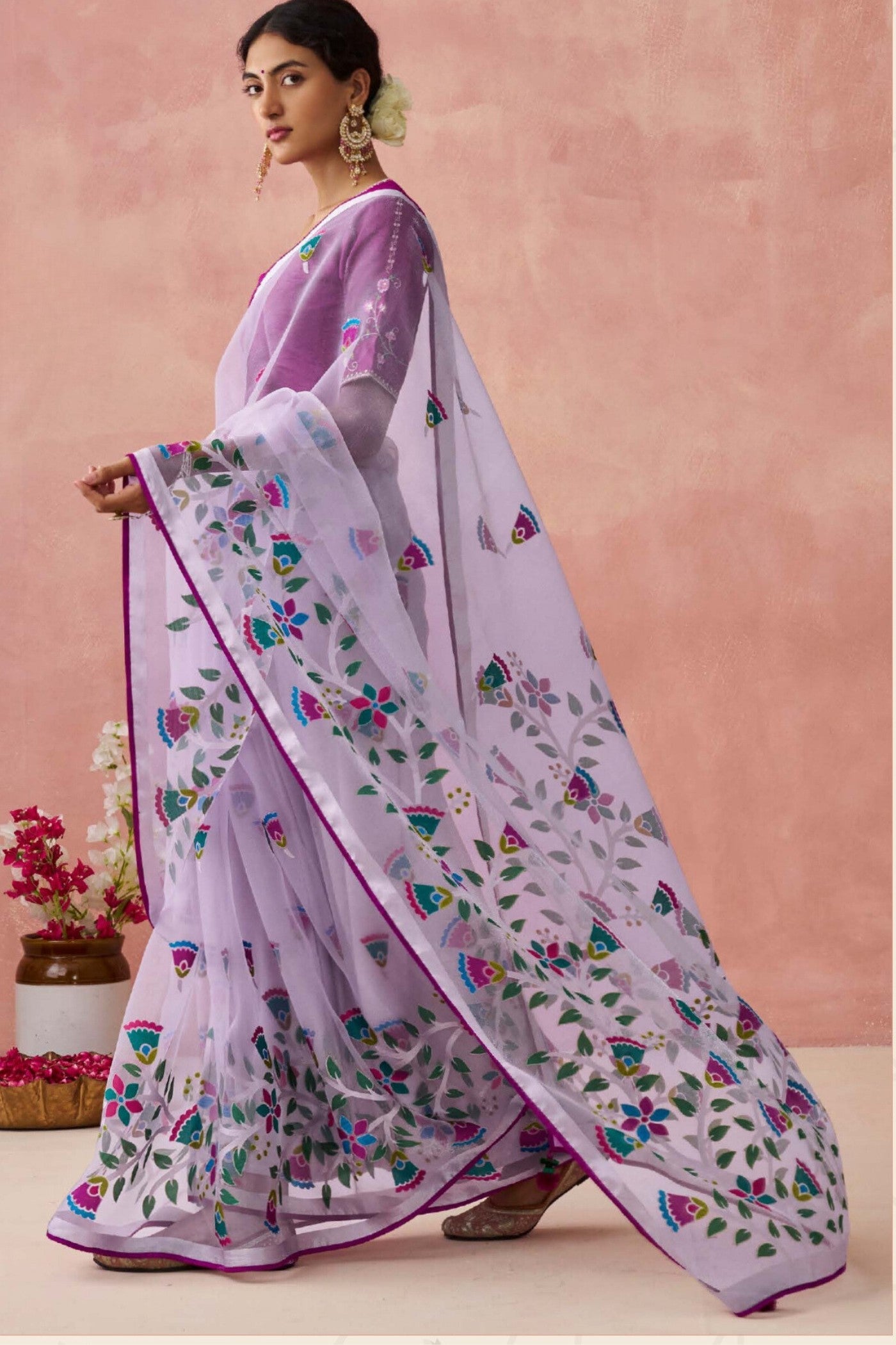 Mulled Wine Purple Brasso Organza Printed Saree