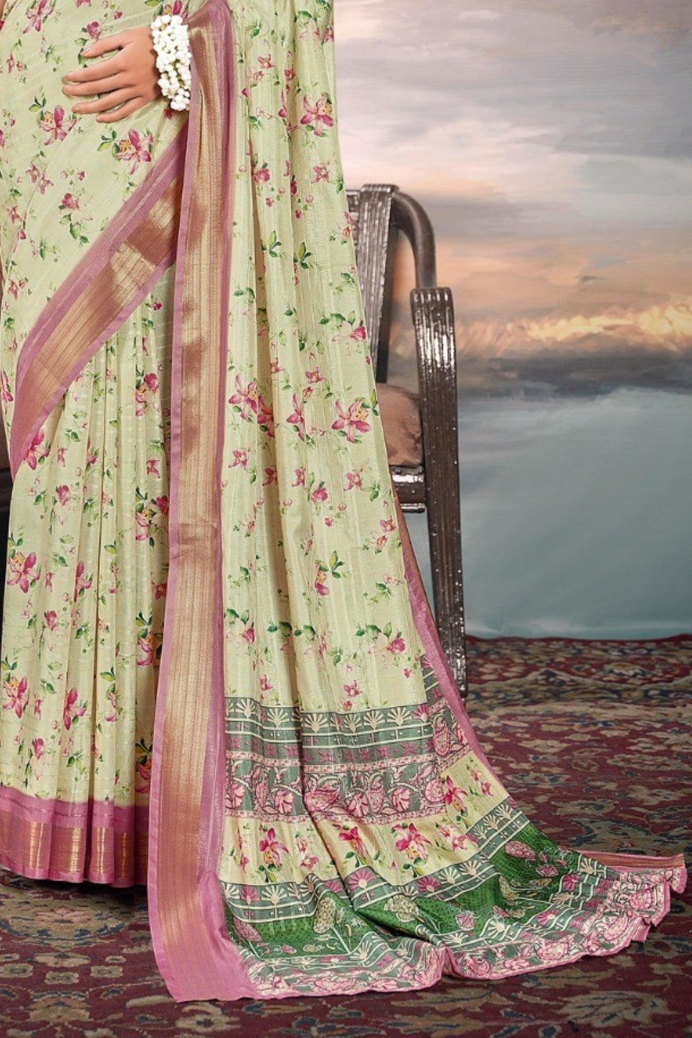 Thistle Green Digital Printed Cotton Saree