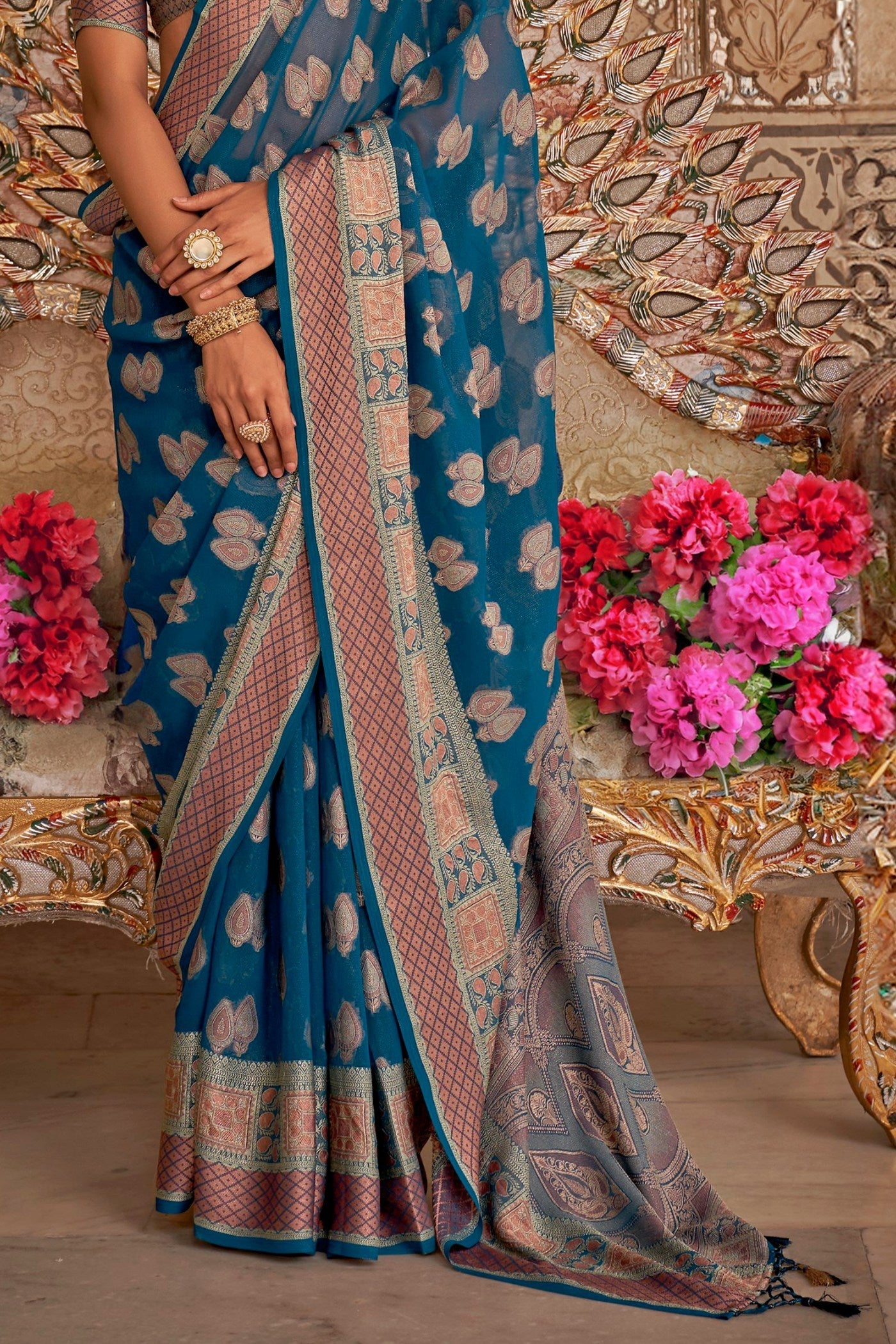 Cobalt Blue Zari Woven Georgette Saree