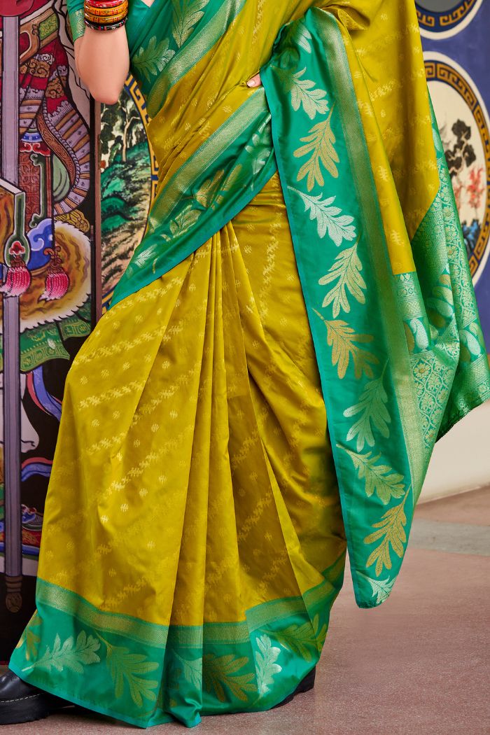 Hot Toddy Yellow and Green Banarasi Soft Silk Saree