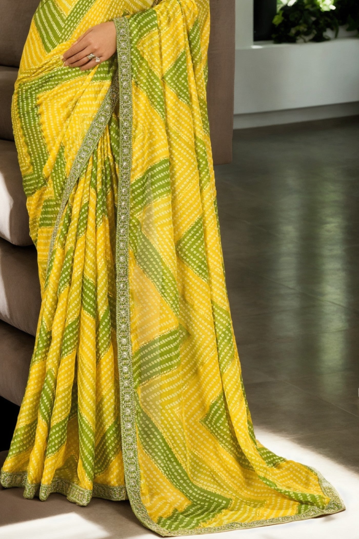 Sunflower Yellow and Green Bandhani Digital Printed Silk Saree