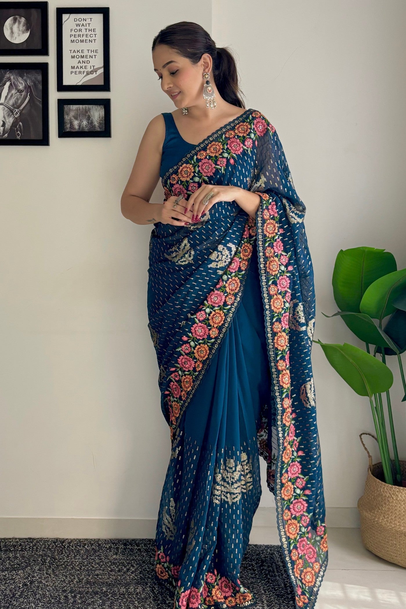 Teal Blue Embroidery Designer Georgette Saree