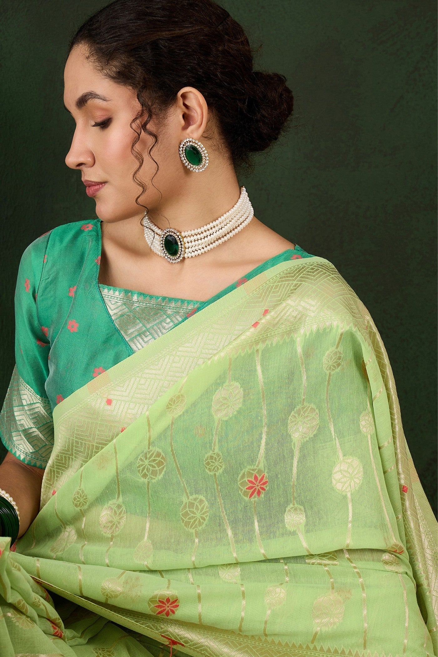 Pistachio Green Woven Cotton Saree