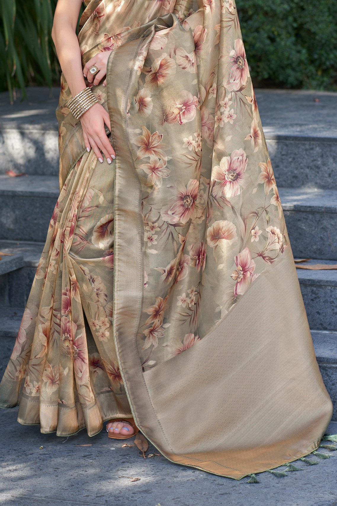 Beaver Brown Digital Printed Organza Saree