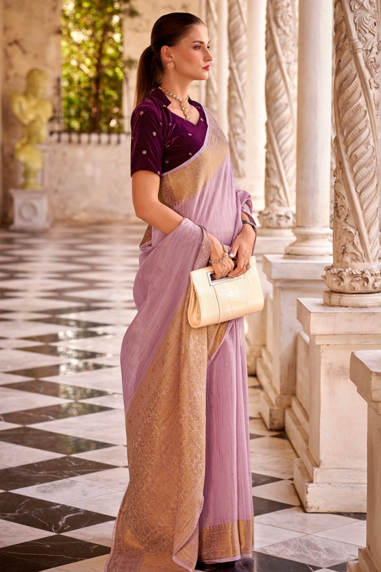 Turkish Rose Purple Zari Woven Linen Saree