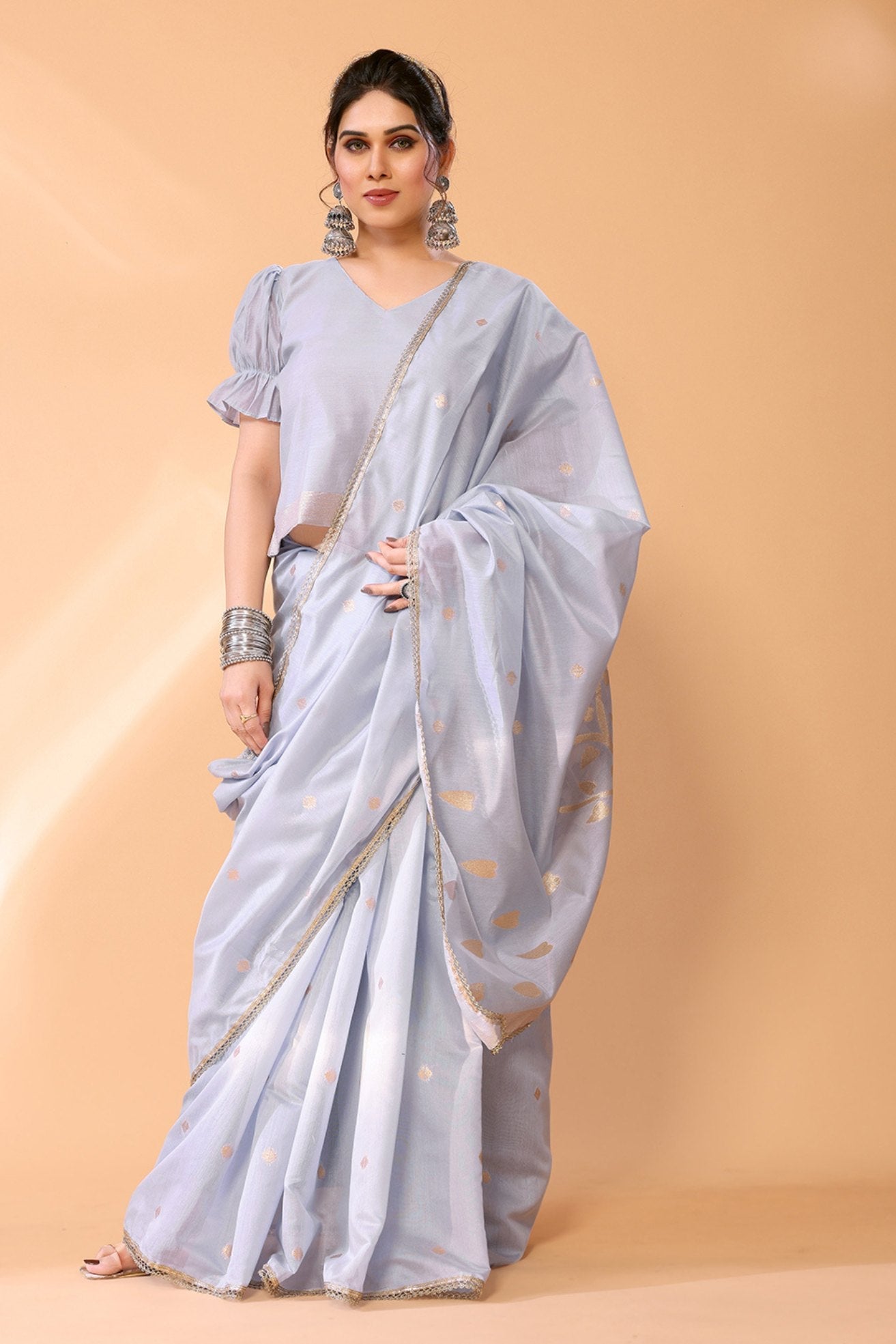 Silver Grey Woven Chanderi Cotton Saree