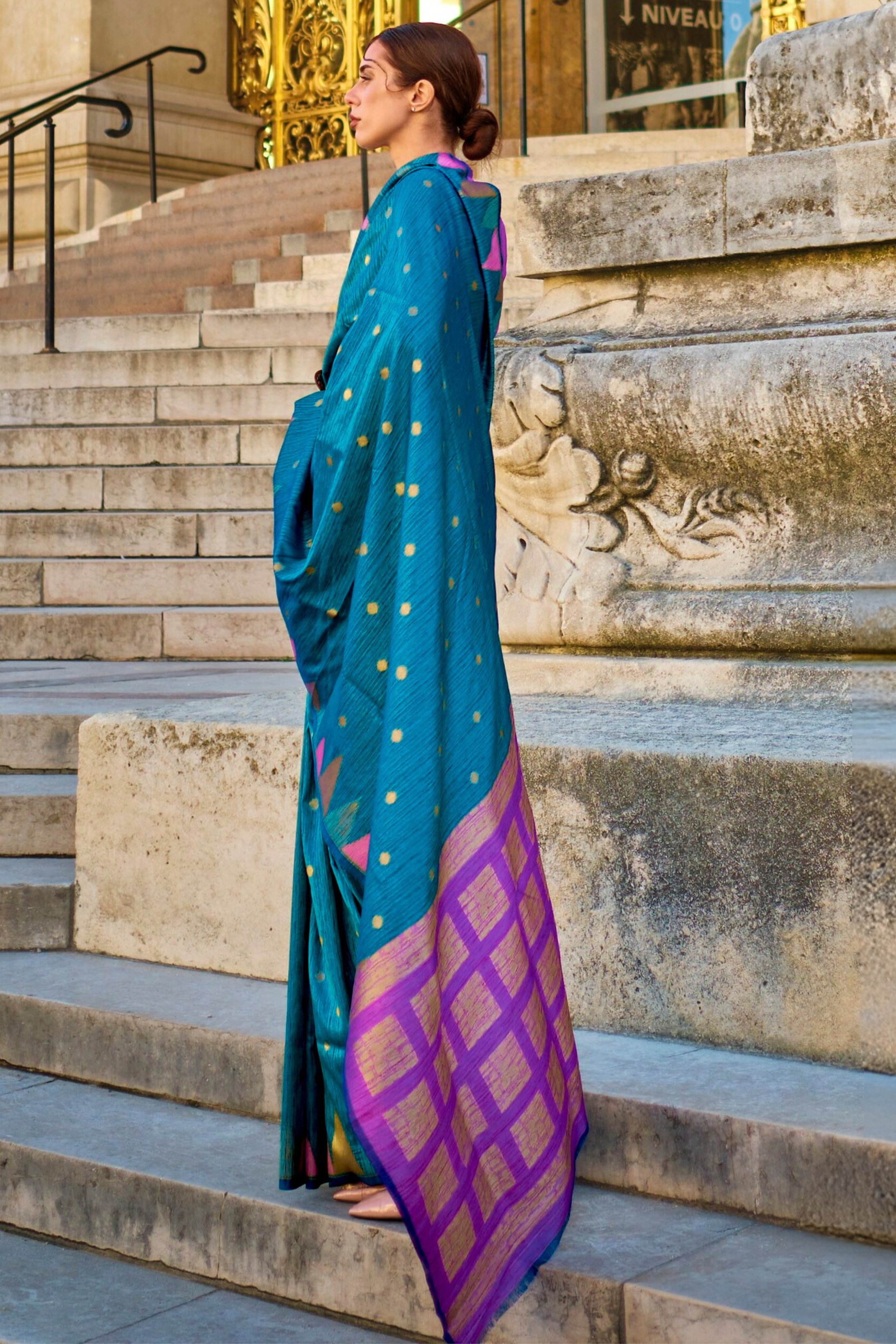 Blue South Tussar Temple Border Silk Saree