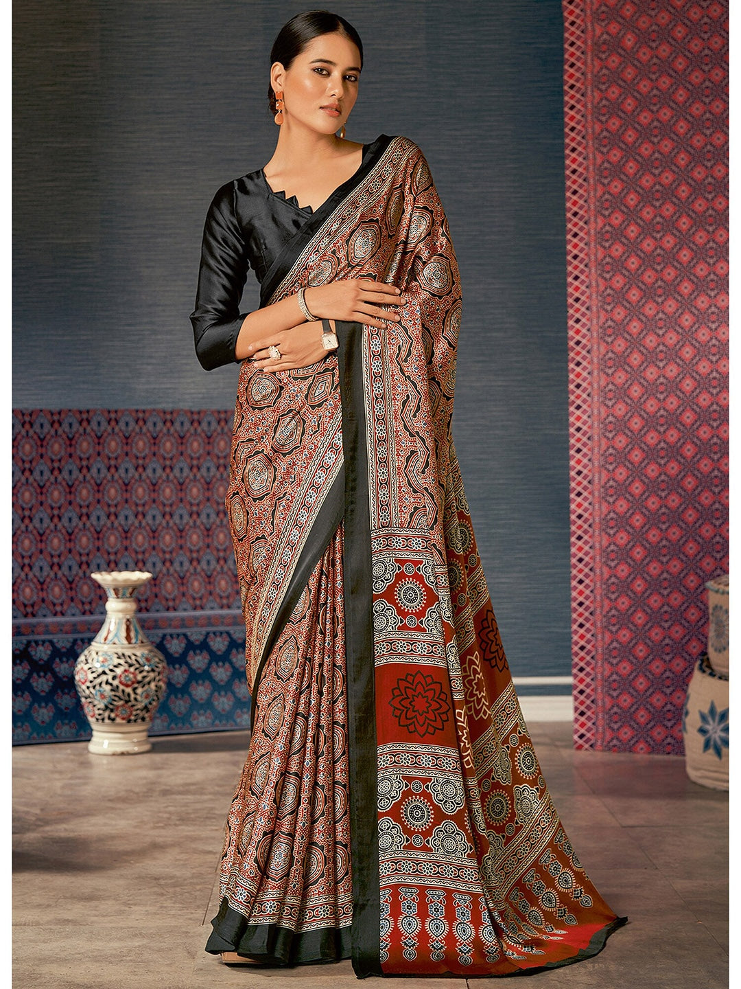 Chocolate Brown Digital Printed Ajrakh Satin Crepe Saree