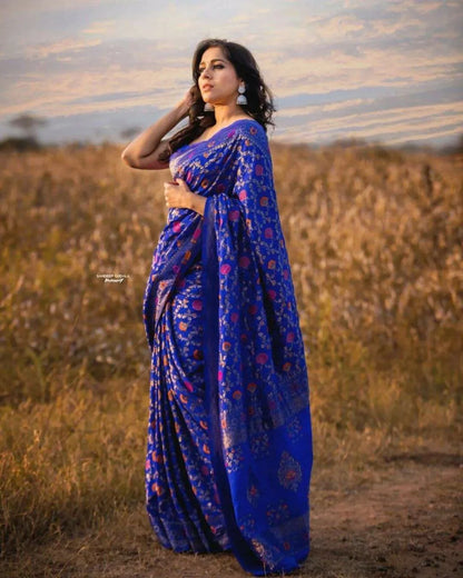 Party Wear Blue Fully Zari Weaving Kanjivaram Silk Saree - Mira Fashion