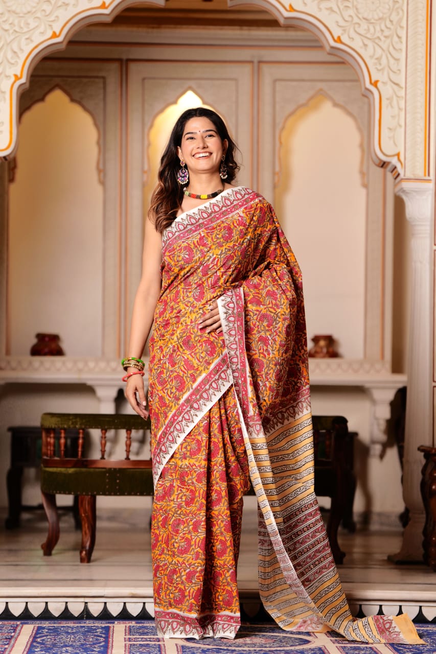 Tan Orange Pure Cotton Handblock Printed Saree