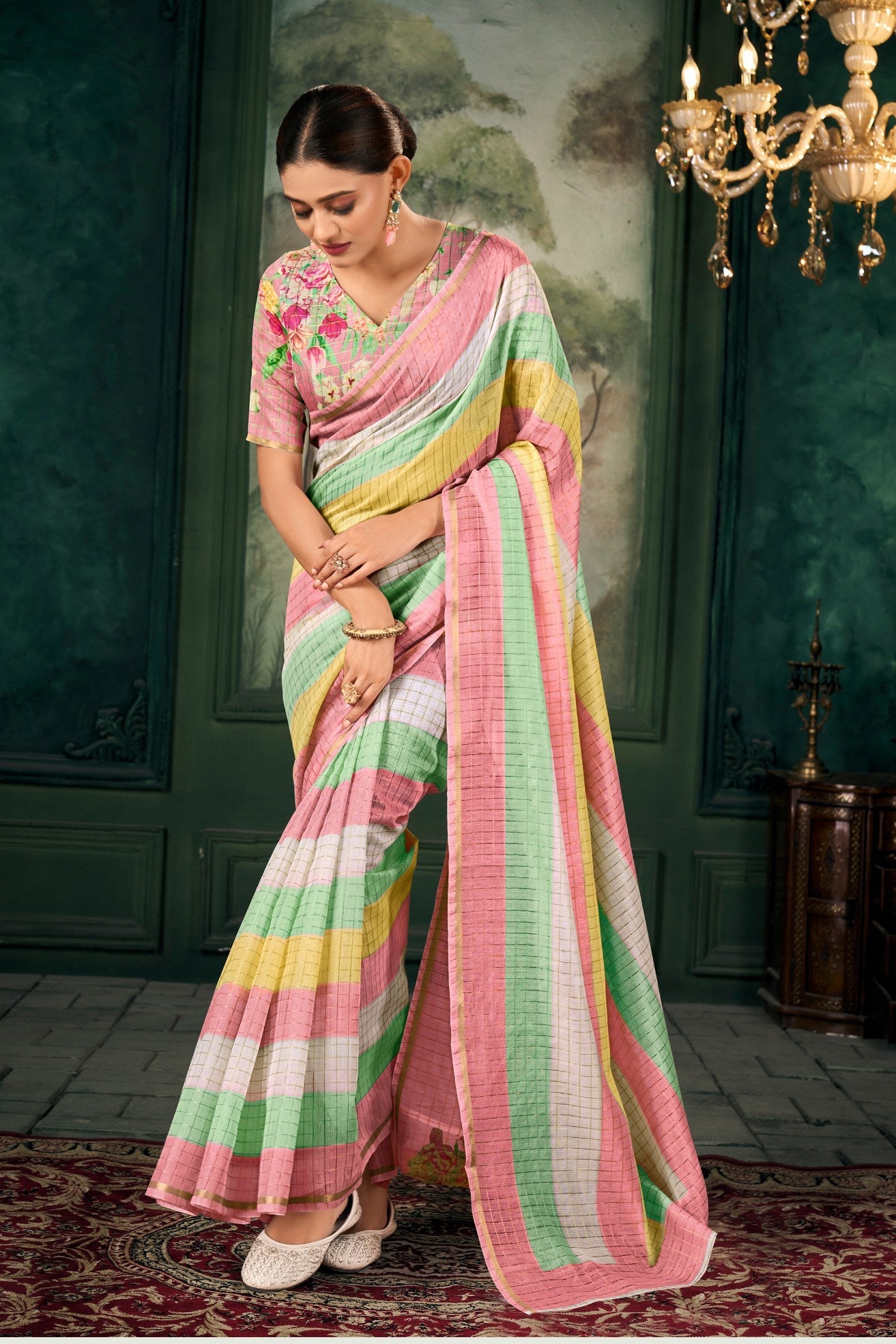 Heathered Green Chanderi Linen Saree