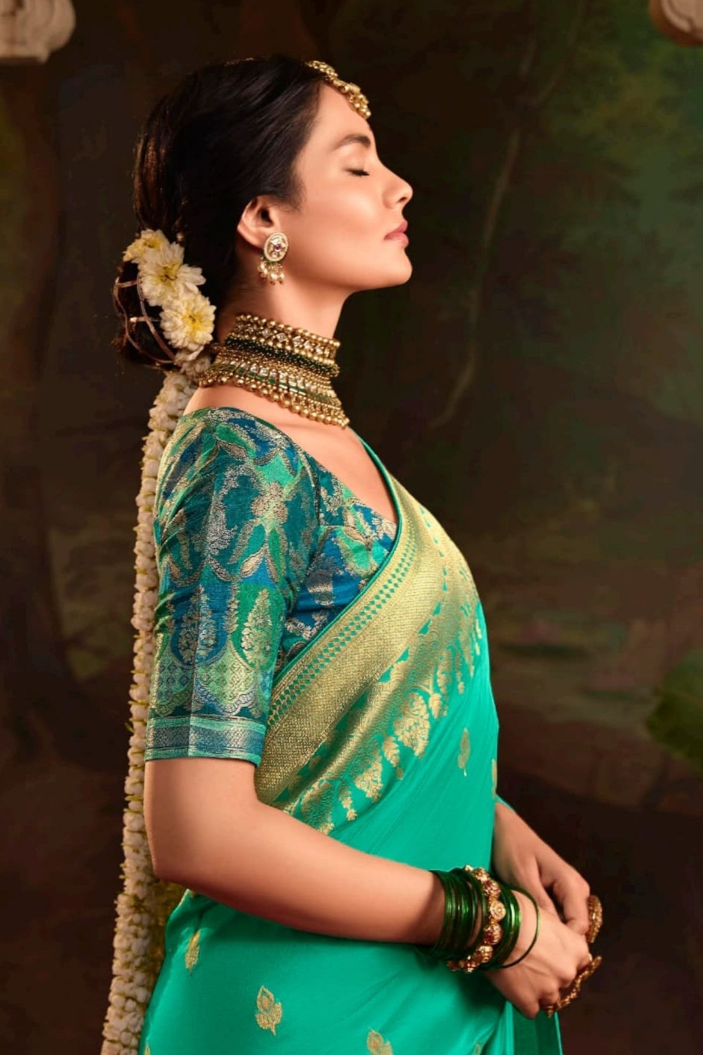 Emerald Green Designer Banarasi Dola Silk Saree