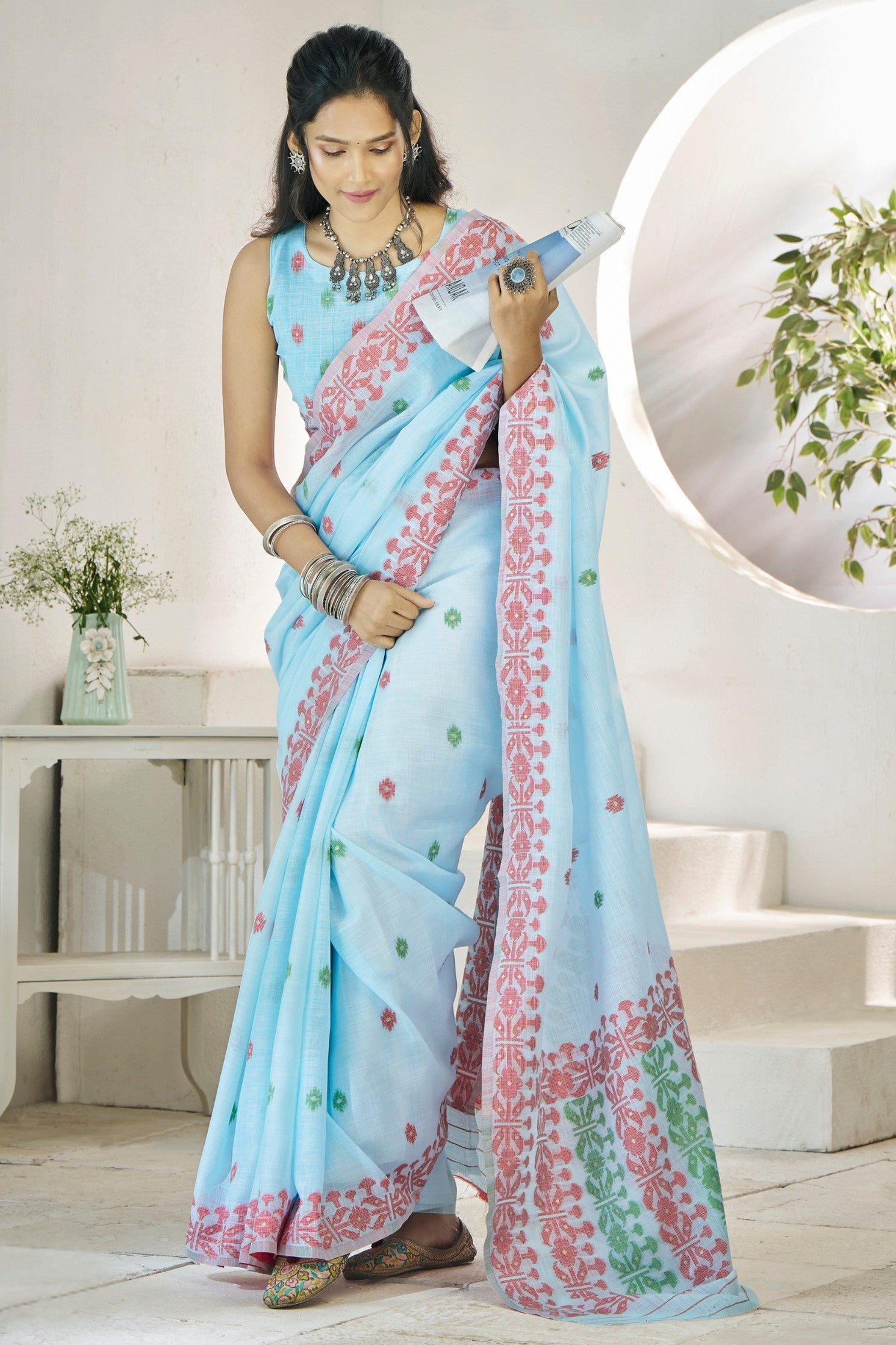 Nepal Blue Woven Linen Saree