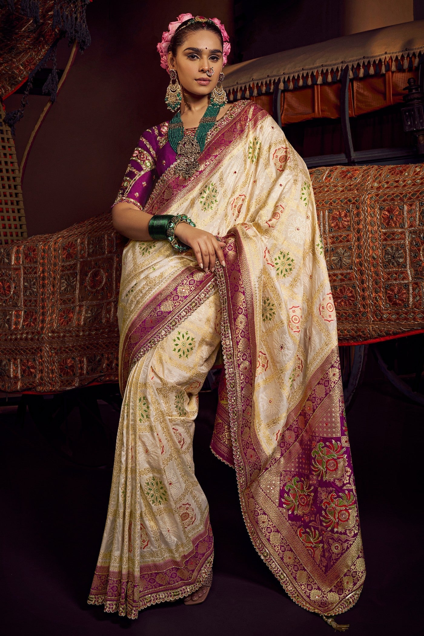 Raffia Cream Designer Banarasi Dola Silk Saree