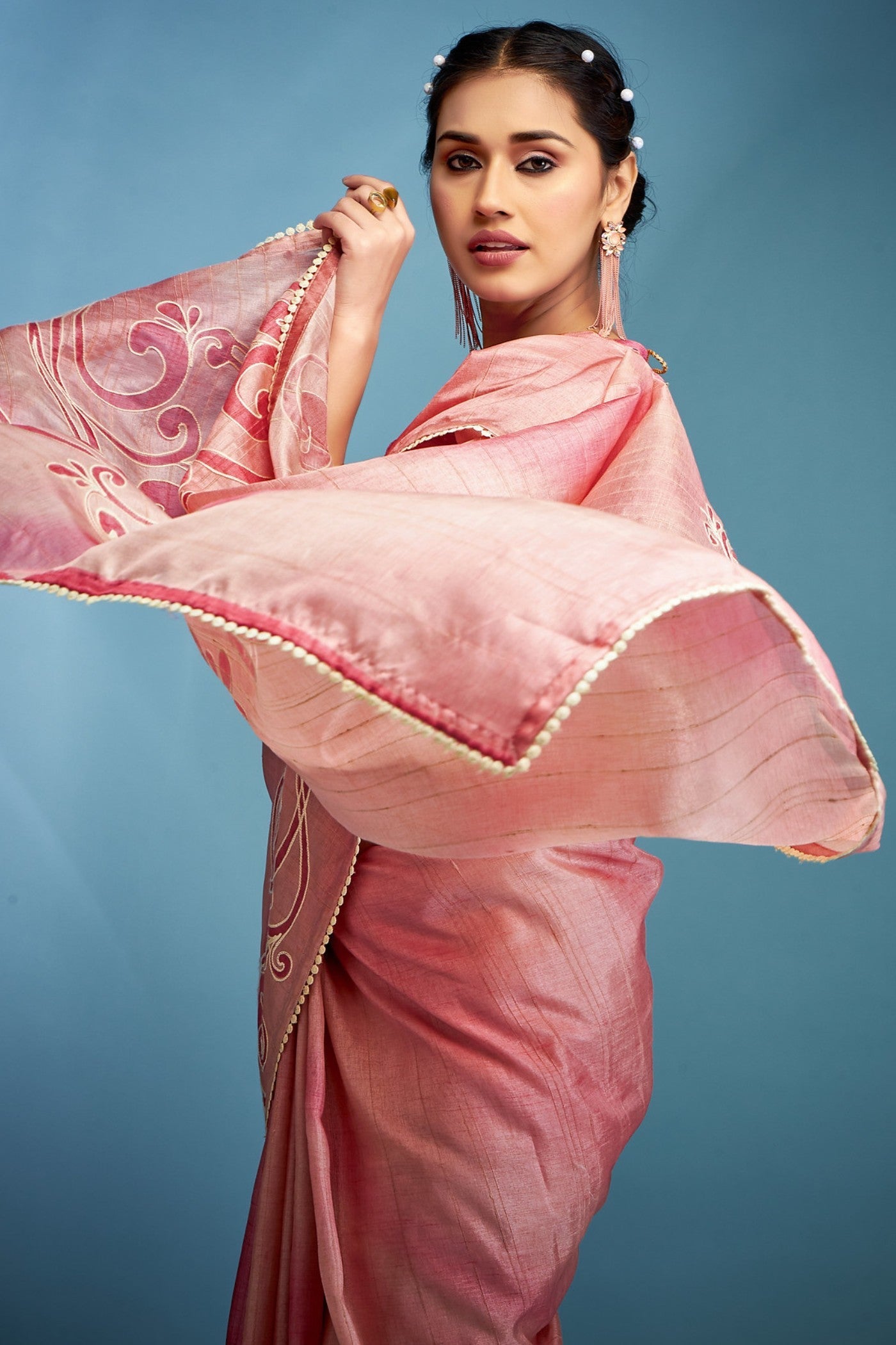 Peony Pink Designer Tussar Silk Saree