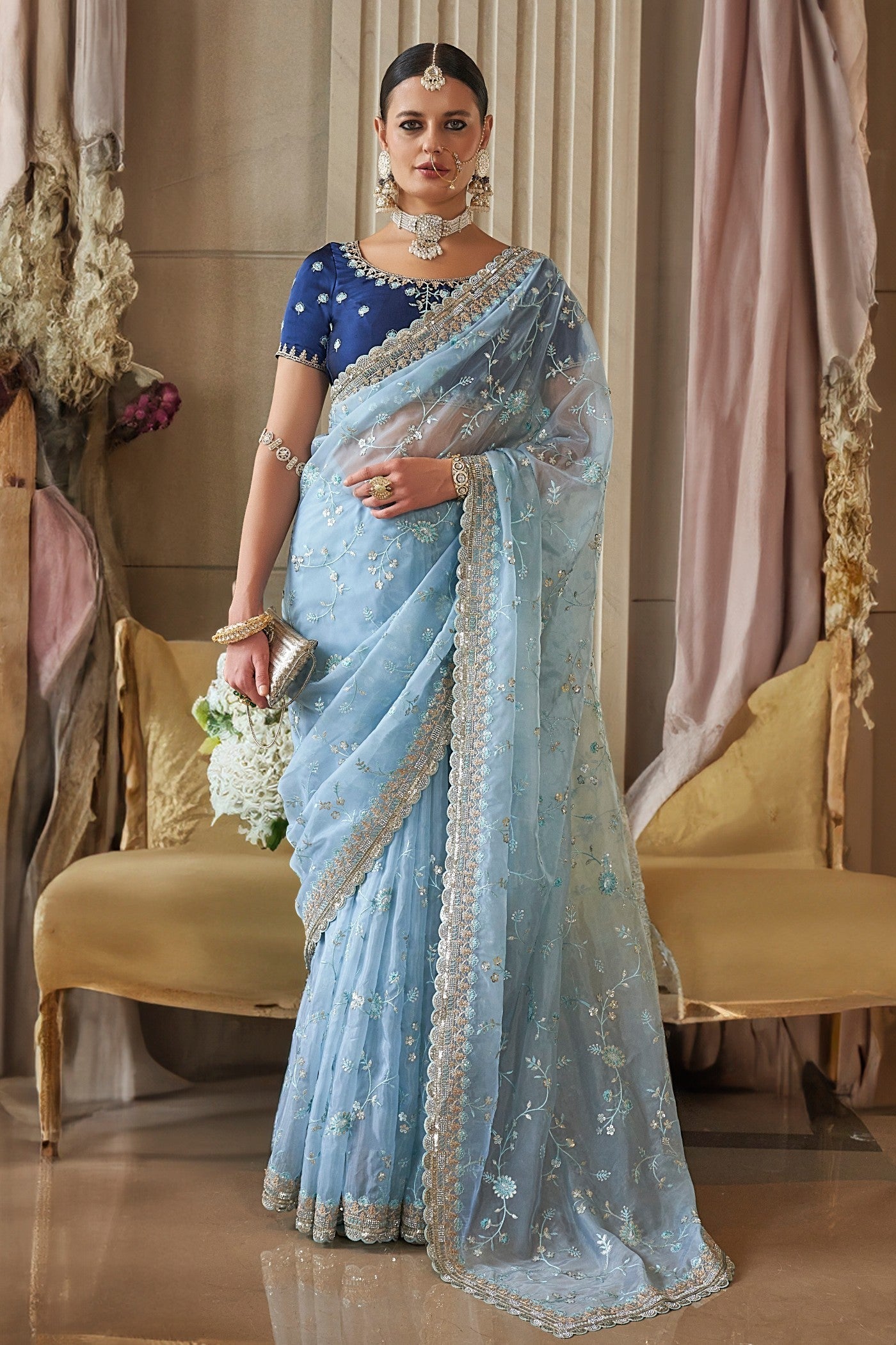 Nepal Blue Tissue Designer Saree