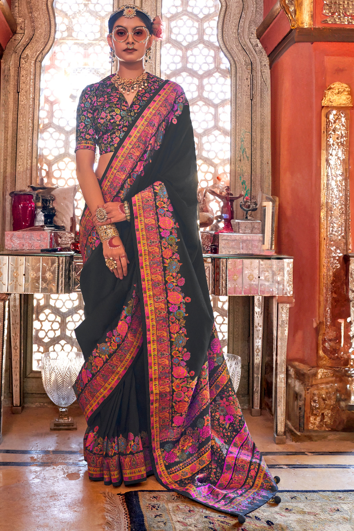 Cape Cod Black Printed Banarasi Saree