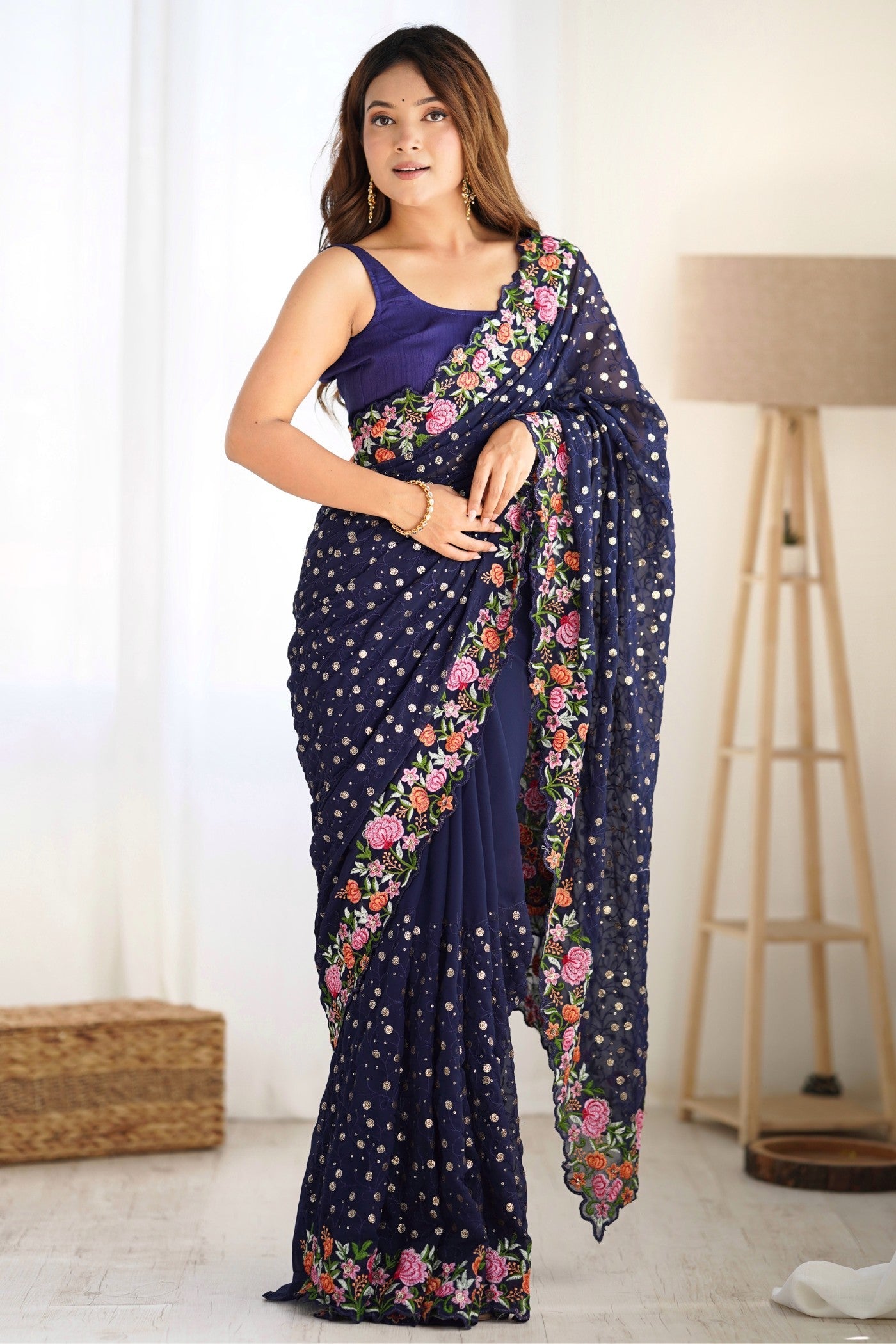 Navy Blue Embroidered Georgette Saree