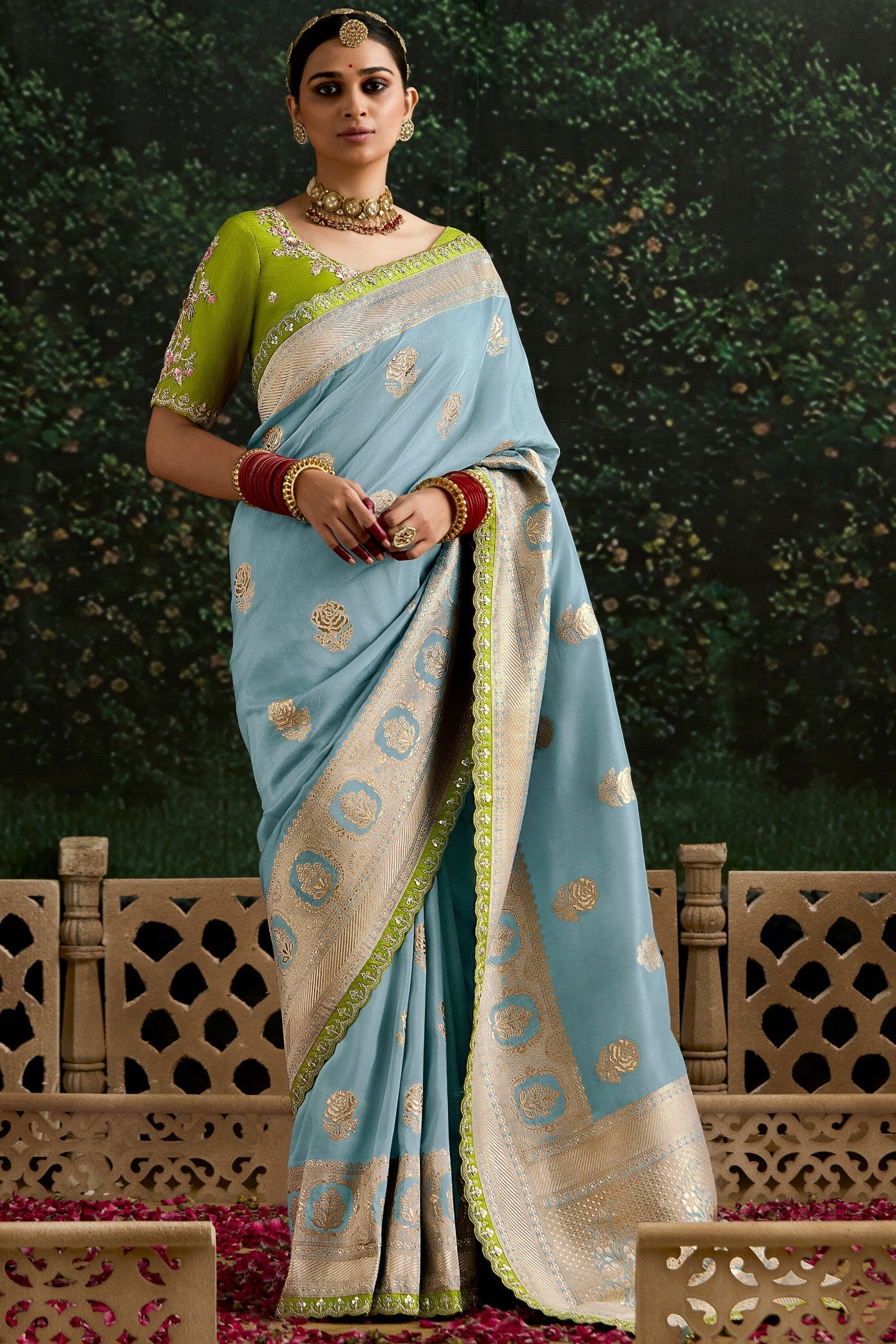 Middle Blue Designer Banarasi Saree