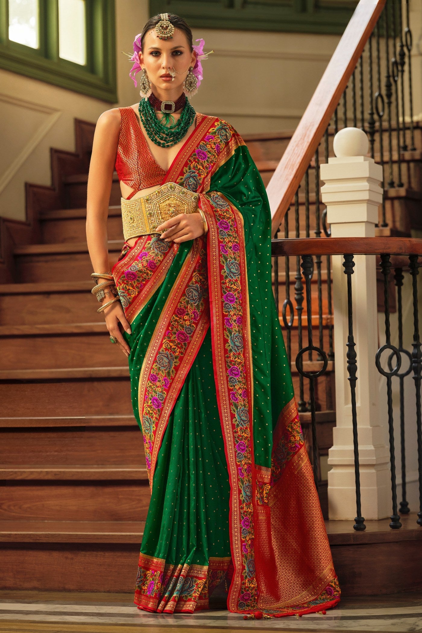 Bottle Green Printed Banarasi Saree