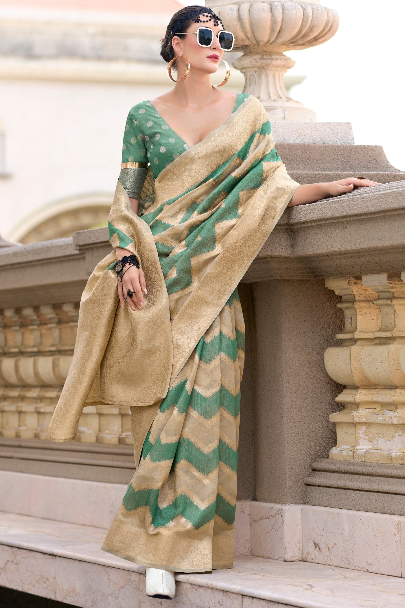 Cactus Green Woven Linen Cotton Saree