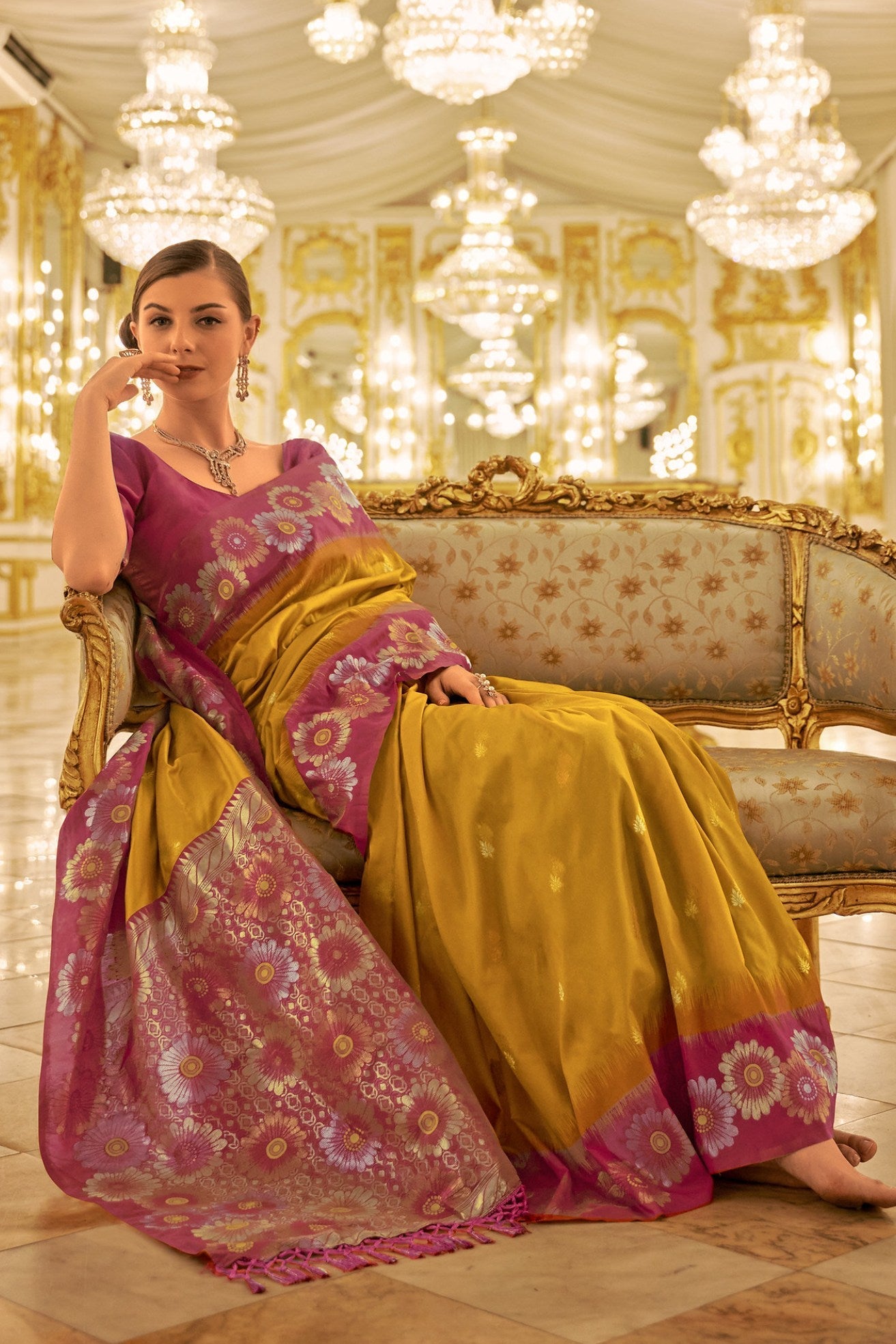 Koromiko Yellow Woven Banarasi Saree