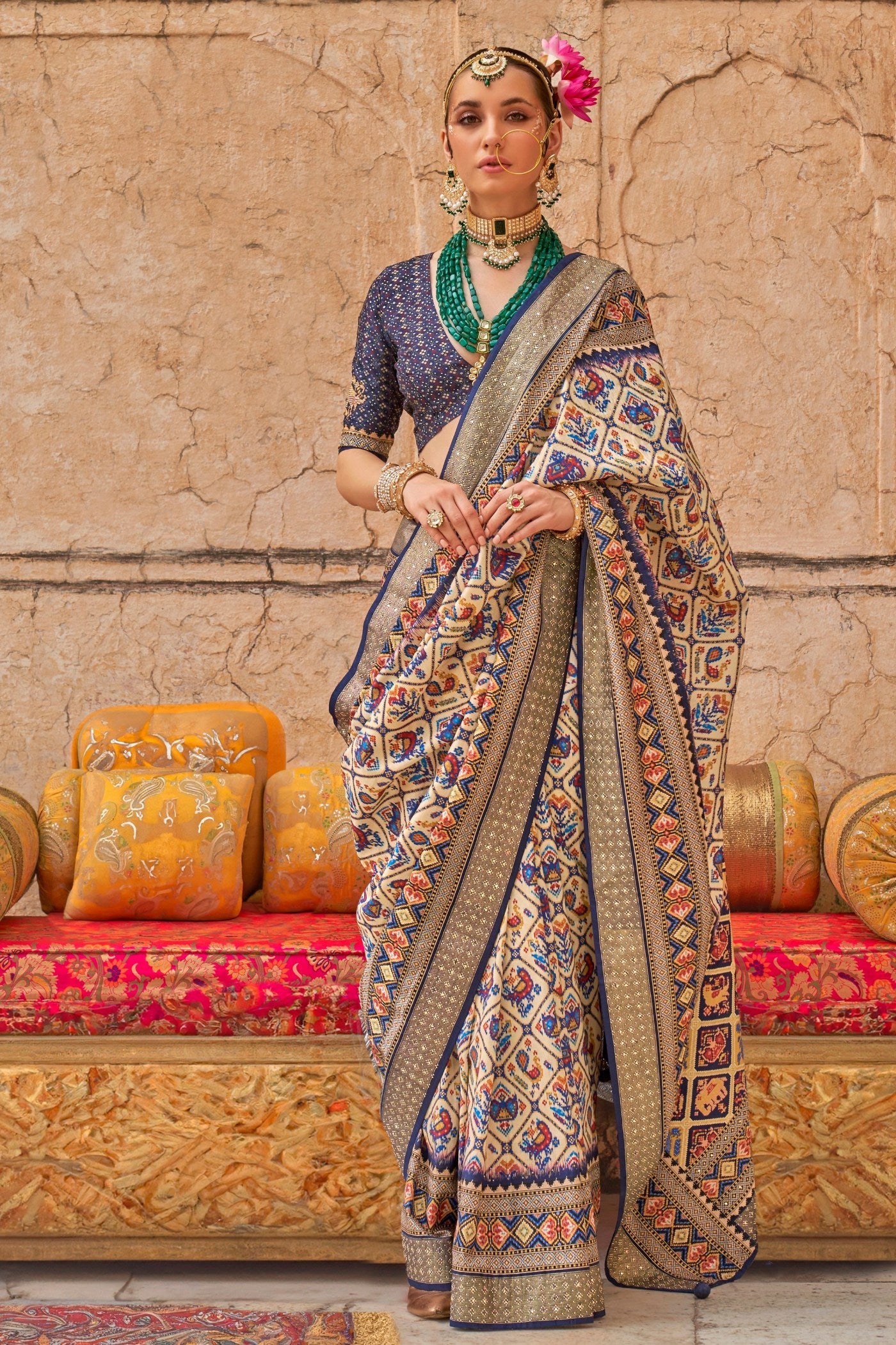 Stone Blue and Cream Printed Patola Saree