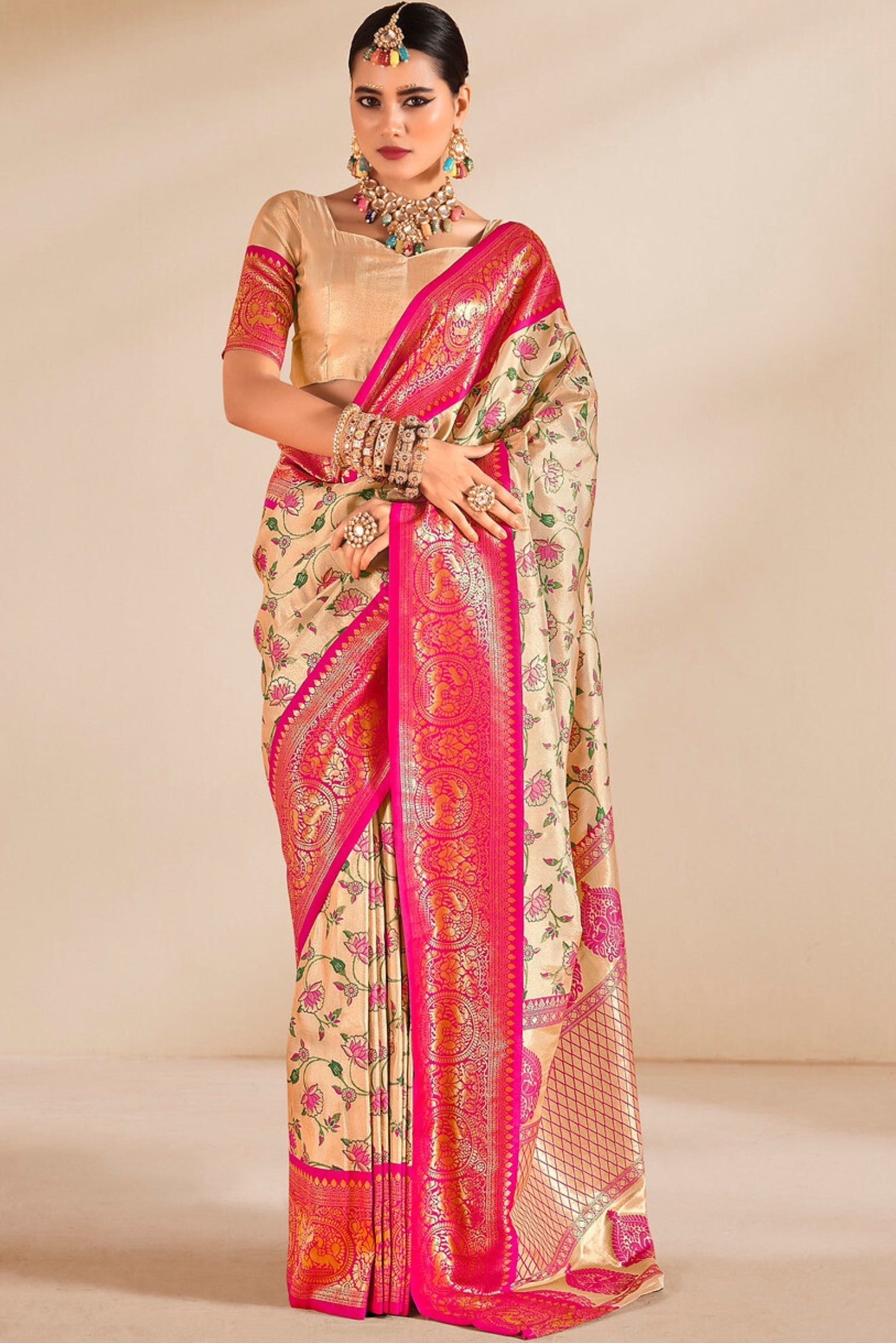 Negroni Cream and Pink Zari Woven Banarasi Saree