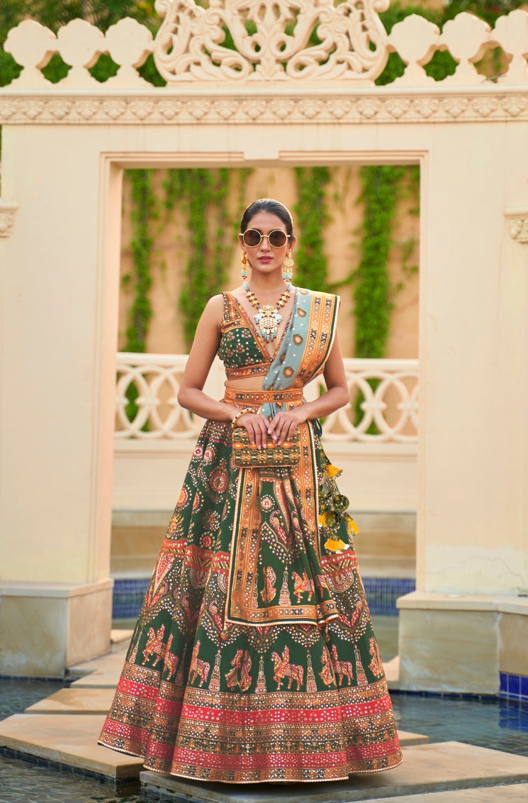 Mist Green Woven Lehenga Choli With Heavy Embroidery Work