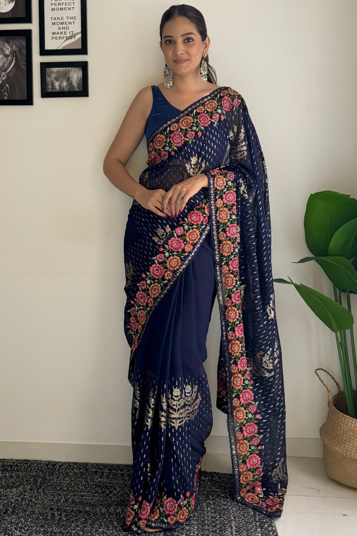 Navy Blue Embroidery Designer Georgette Saree