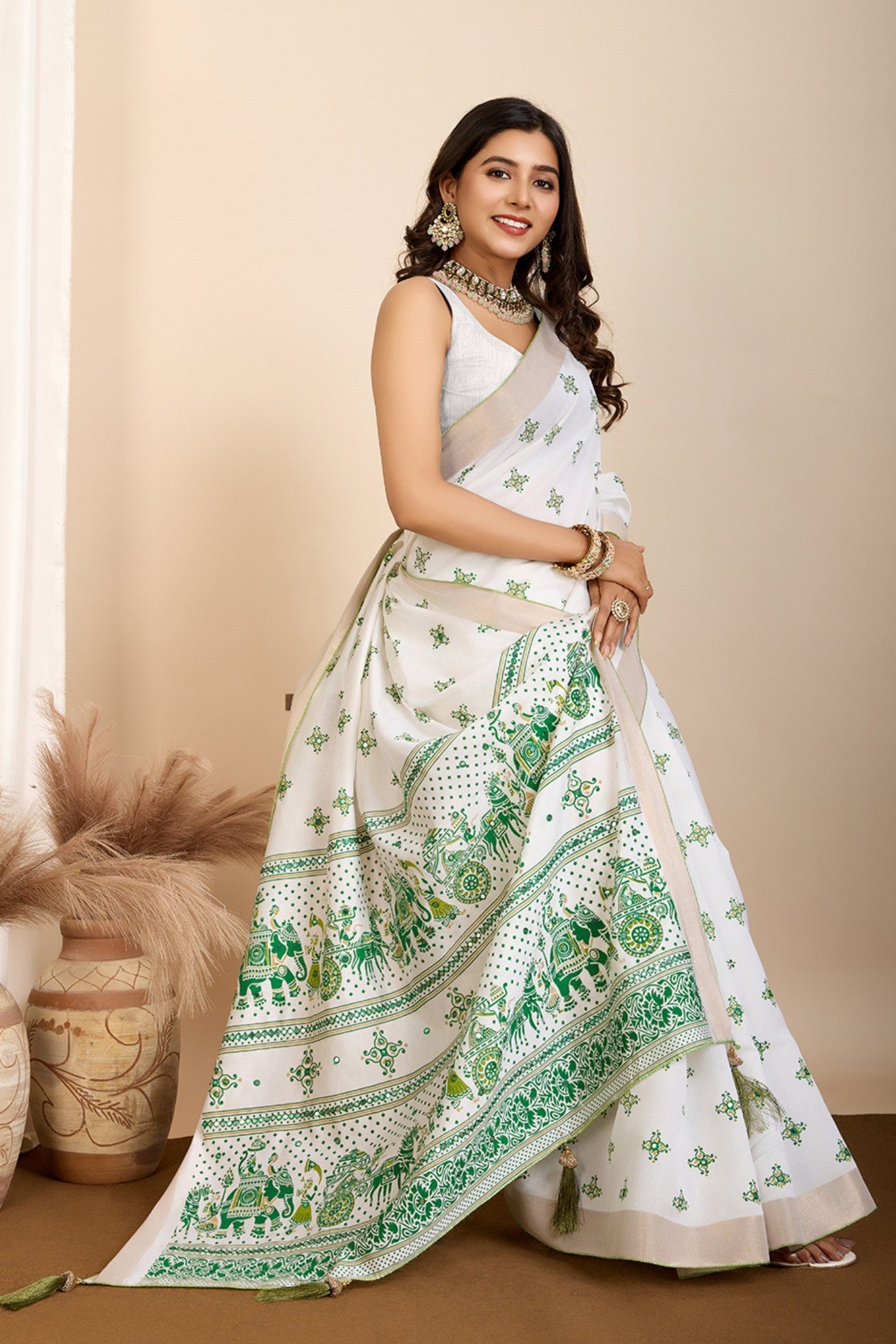 Pearl White and Green Printed Cotton Designer Saree