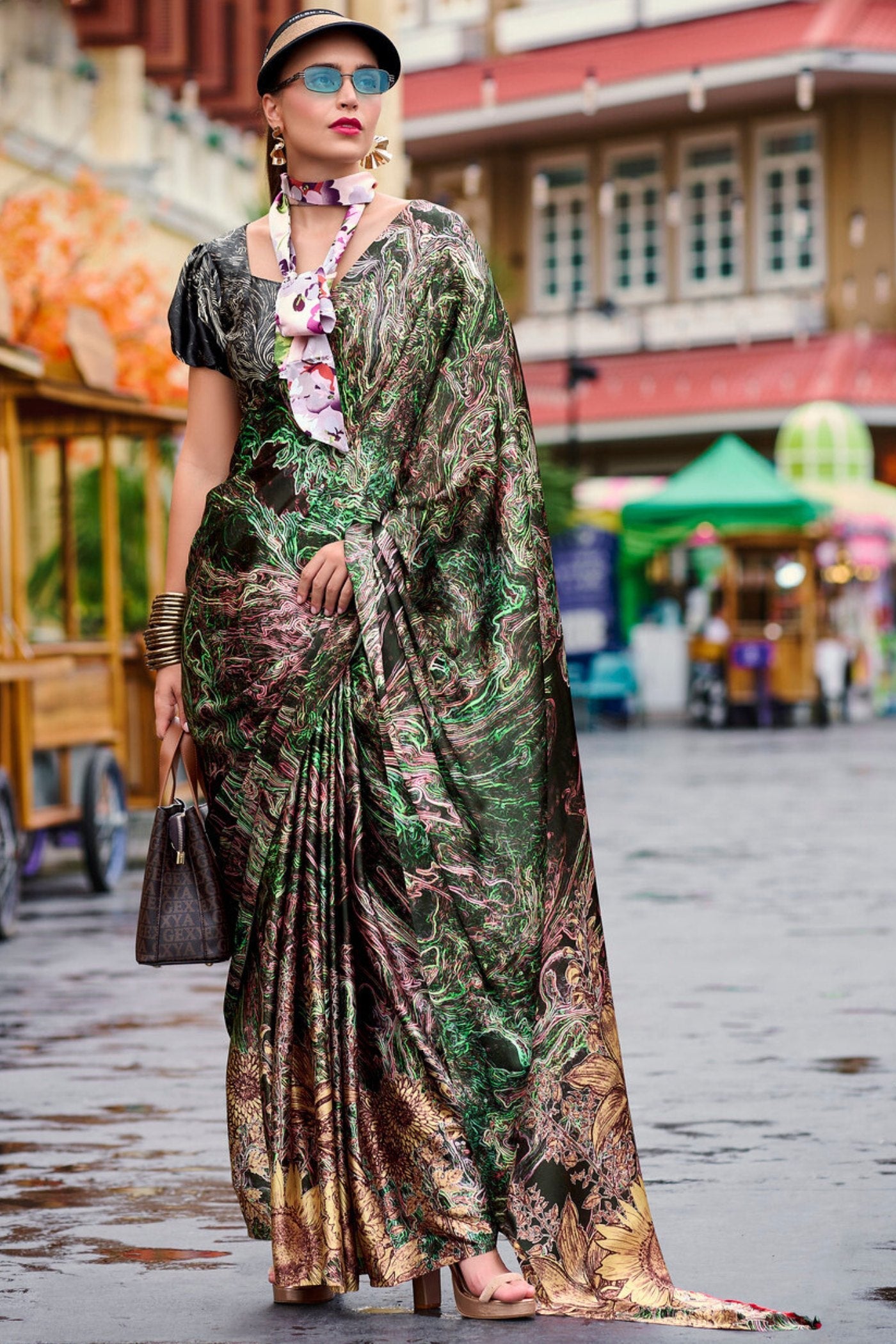 Axolotl Green Printed Satin Crepe Silk Saree