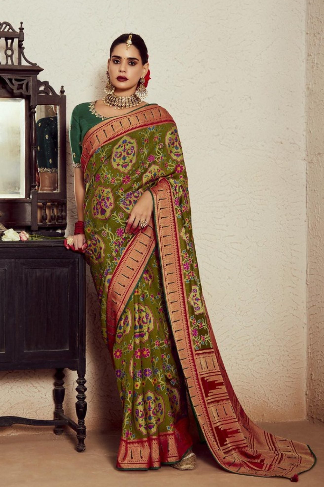 West Coast Green Printed Brasso Soft Silk Saree