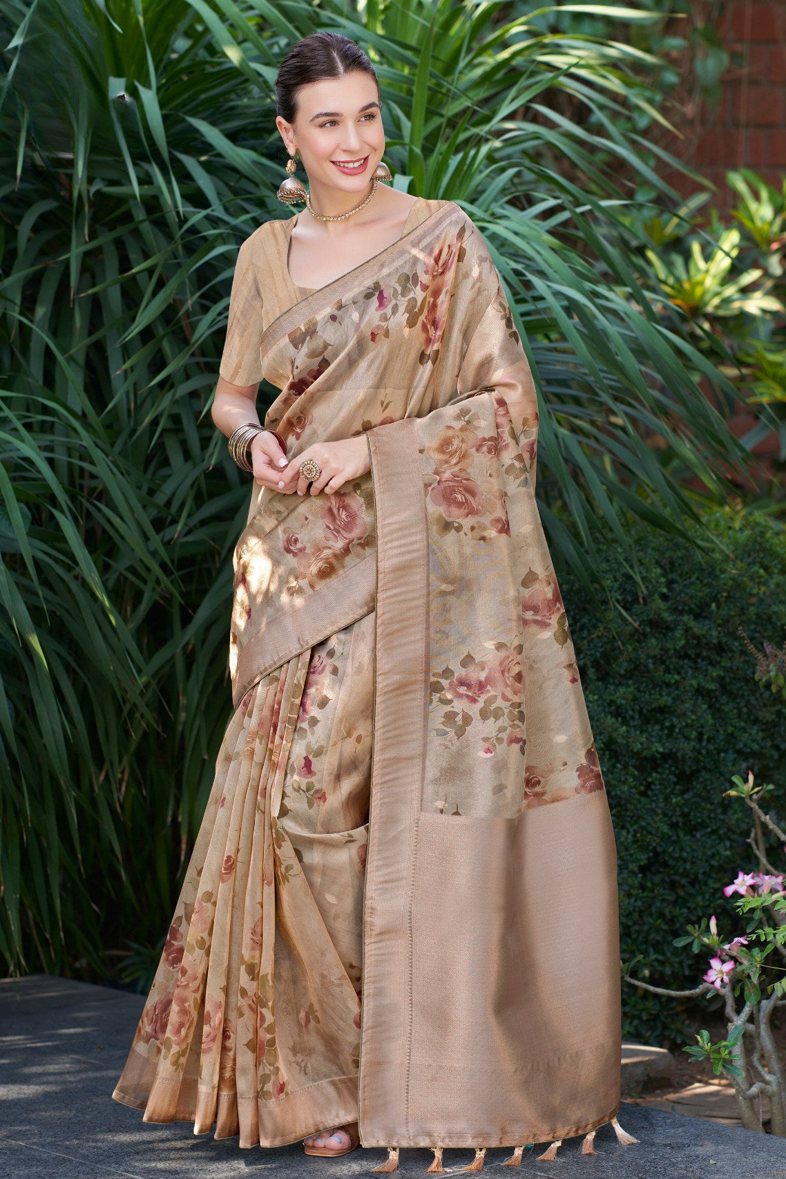 Rodeo Dust Brown Digital Printed Organza Saree