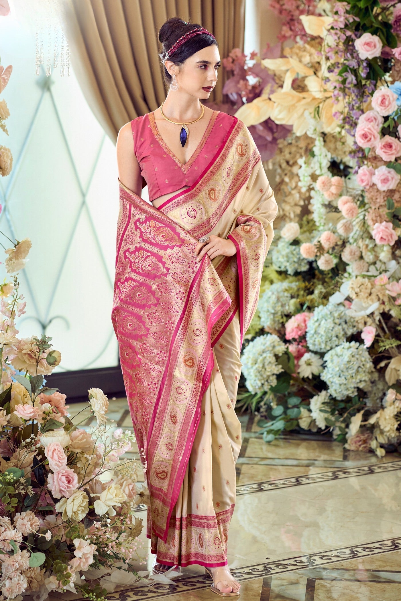 Brandy Cream Woven Banarasi Soft Silk Saree