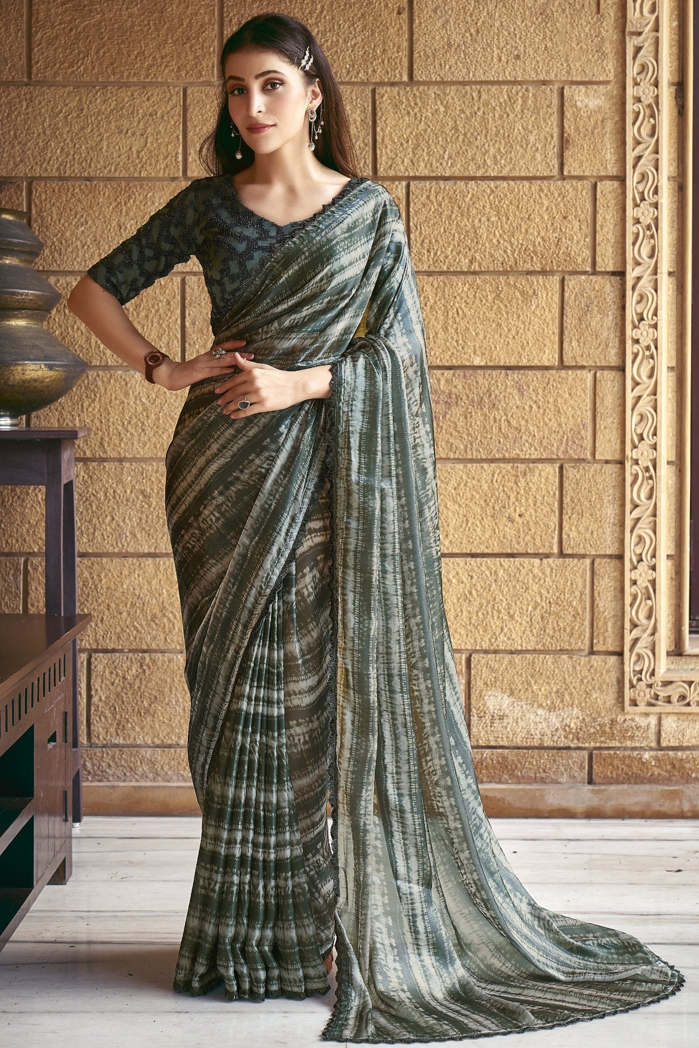 Siam Green Satin Printed Silk Saree